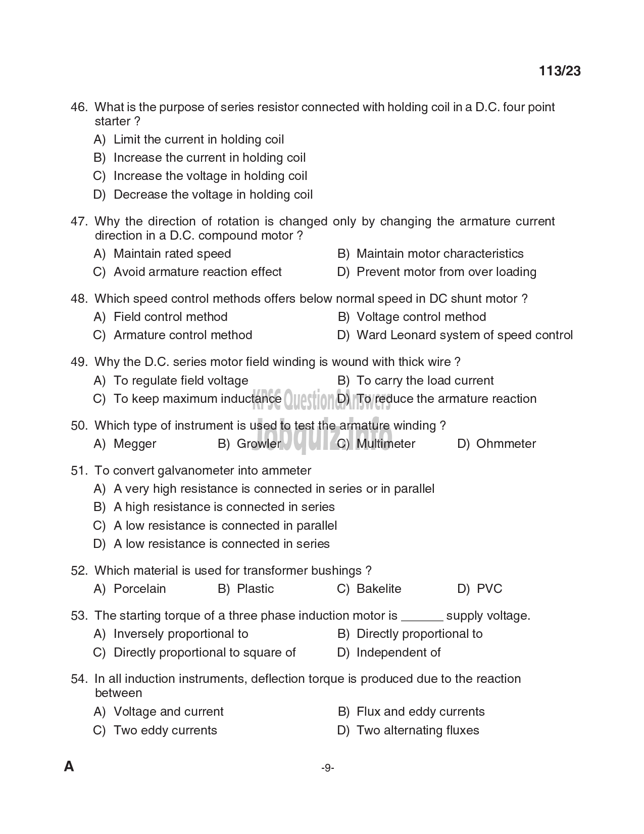 Kerala PSC Question Paper - Draftsman Grade II (Electrical), Skilled Assistant Grade II, Electrician, Lineman in Kerala State Housing Board, PWD (Electrical Wing) etc-9
