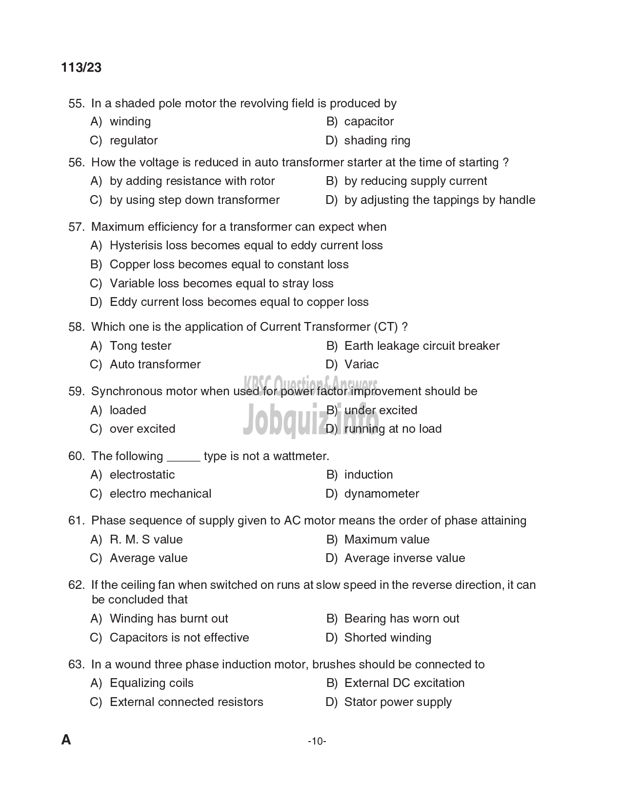 Kerala PSC Question Paper - Draftsman Grade II (Electrical), Skilled Assistant Grade II, Electrician, Lineman in Kerala State Housing Board, PWD (Electrical Wing) etc-10