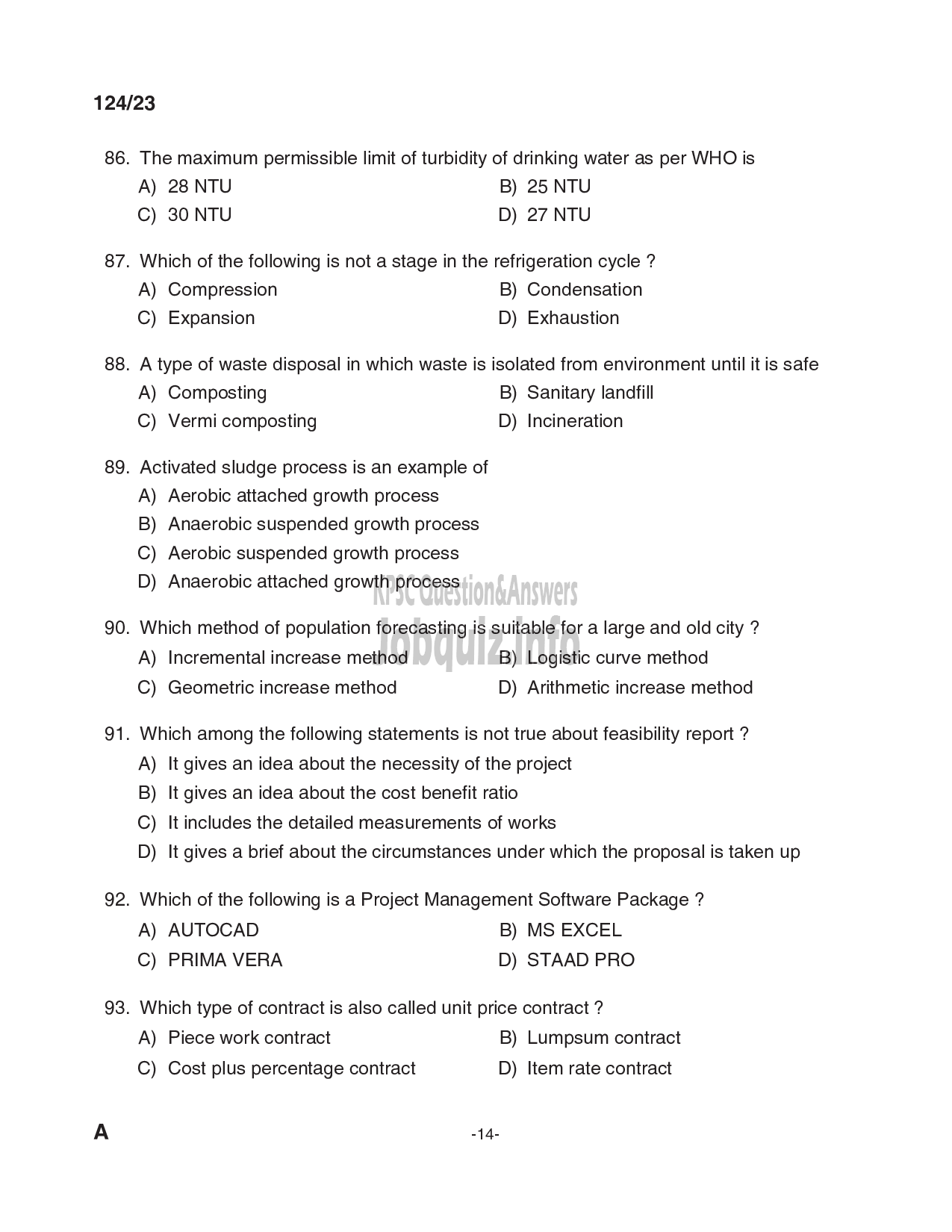 Kerala PSC Question Paper - Draftsman Grade I/Town Planning surveyorGrade I-14