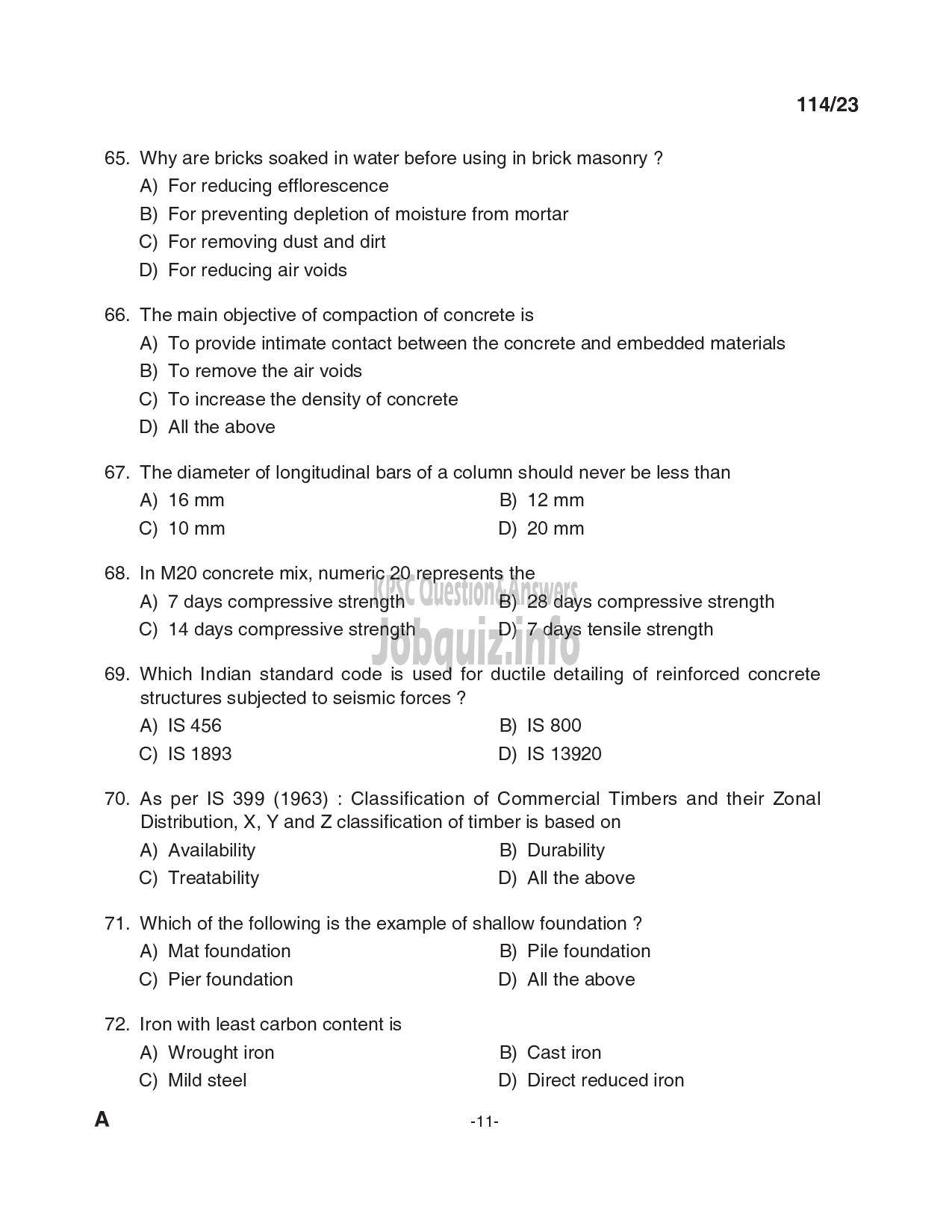 Kerala PSC Question Paper - Draftsman Grade I in Kerala Water Authority , Sub Engineer (Civil) in KSEB Ltd-11