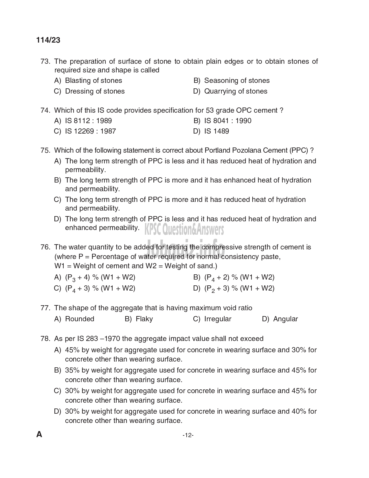 Kerala PSC Question Paper - Draftsman Grade I in Kerala Water Authority , Sub Engineer (Civil) in KSEB Ltd-12