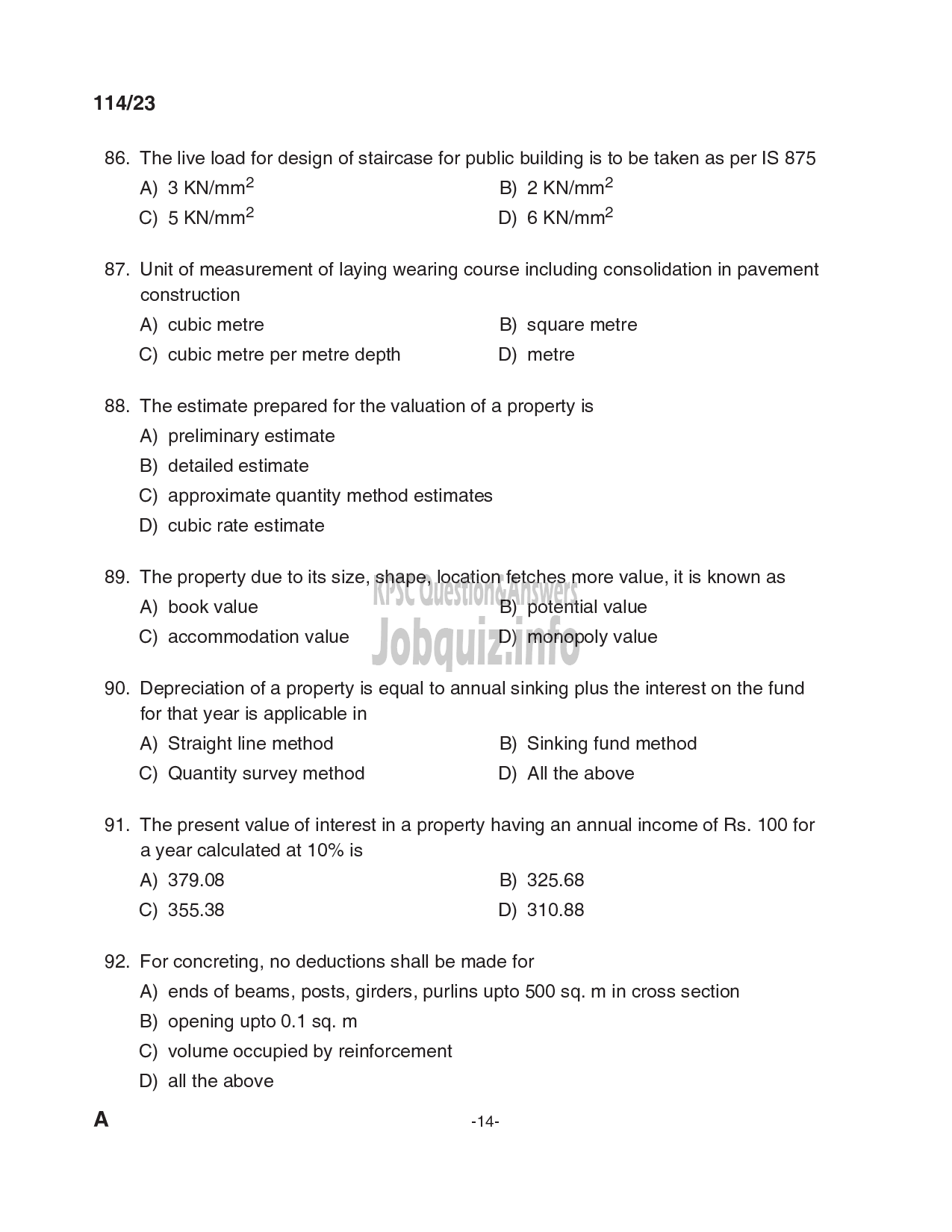Kerala PSC Question Paper - Draftsman Grade I in Kerala Water Authority , Sub Engineer (Civil) in KSEB Ltd-14
