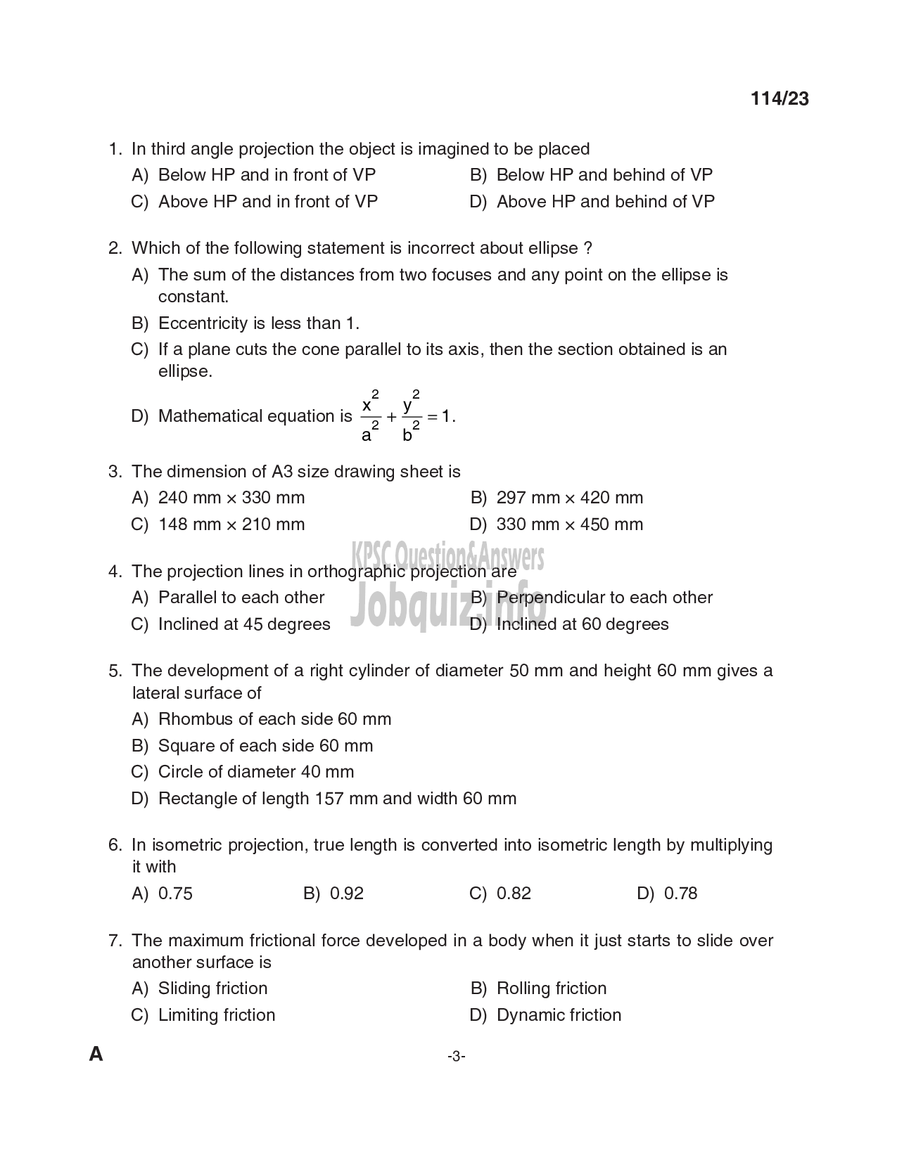 Kerala PSC Question Paper - Draftsman Grade I in Kerala Water Authority , Sub Engineer (Civil) in KSEB Ltd-3