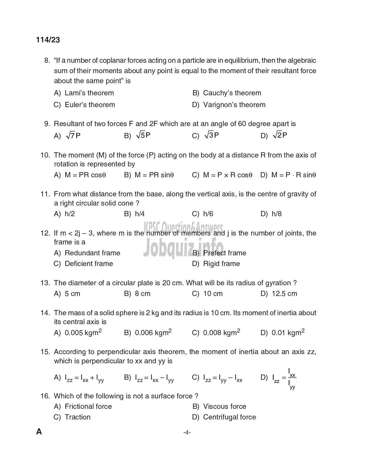 Kerala PSC Question Paper - Draftsman Grade I in Kerala Water Authority , Sub Engineer (Civil) in KSEB Ltd-4