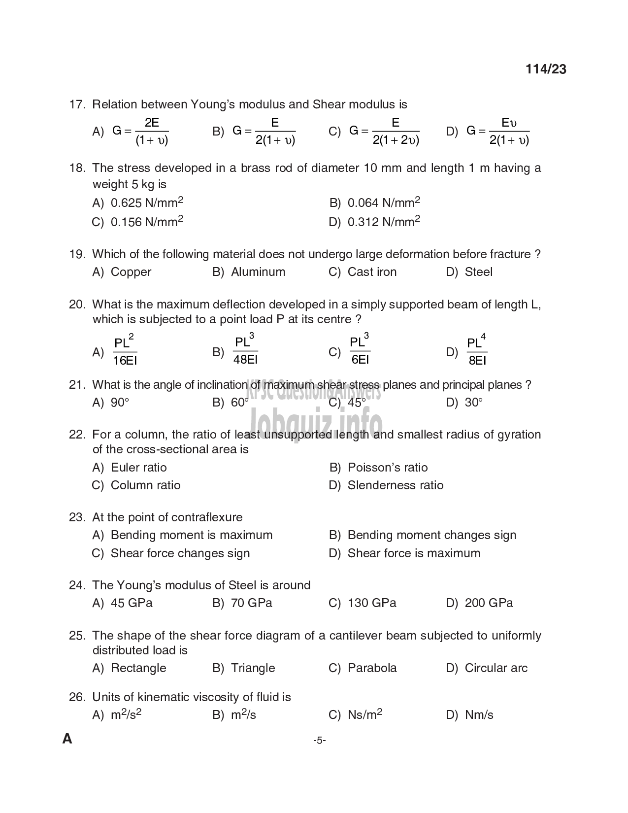 Kerala PSC Question Paper - Draftsman Grade I in Kerala Water Authority , Sub Engineer (Civil) in KSEB Ltd-5