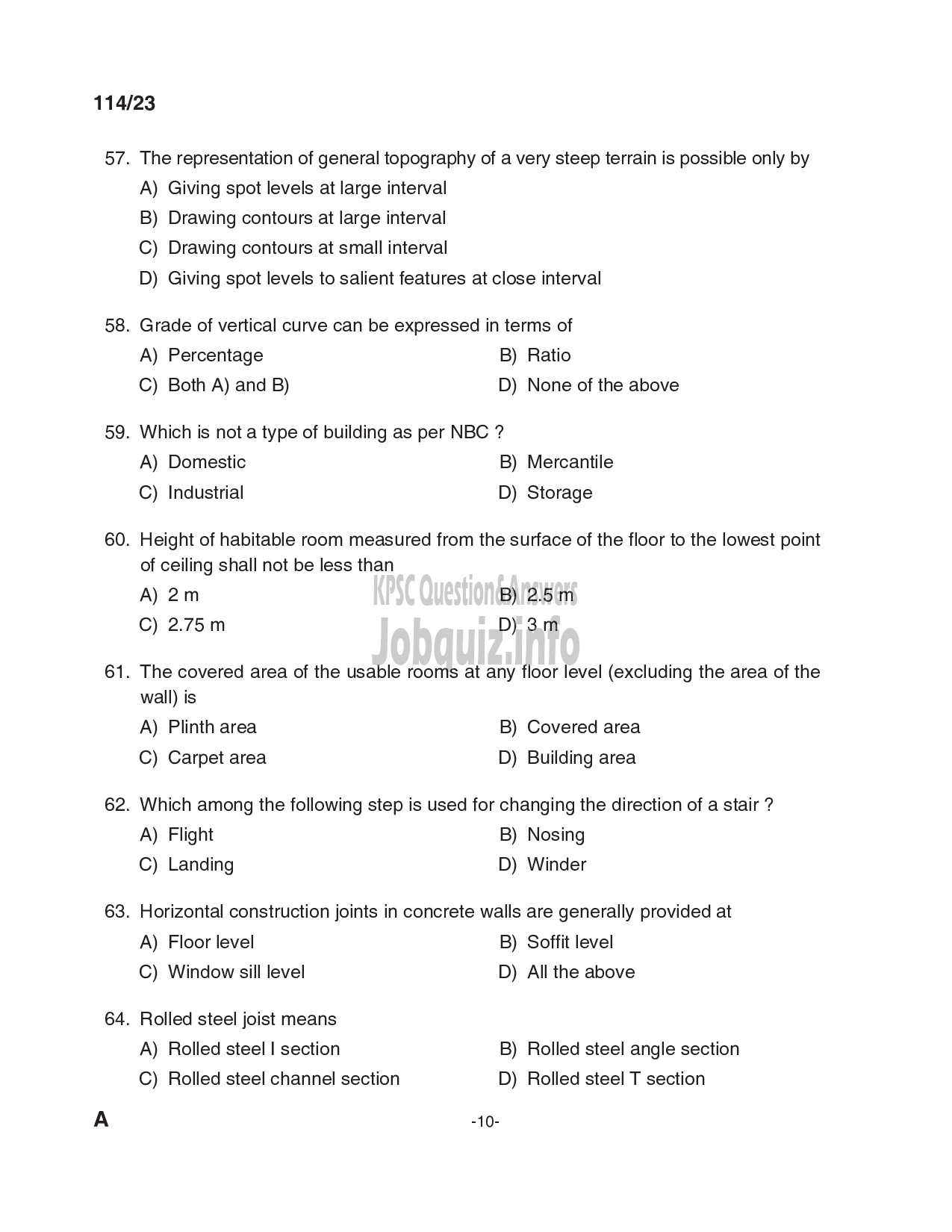 Kerala PSC Question Paper - Draftsman Grade I in Kerala Water Authority , Sub Engineer (Civil) in KSEB Ltd-10