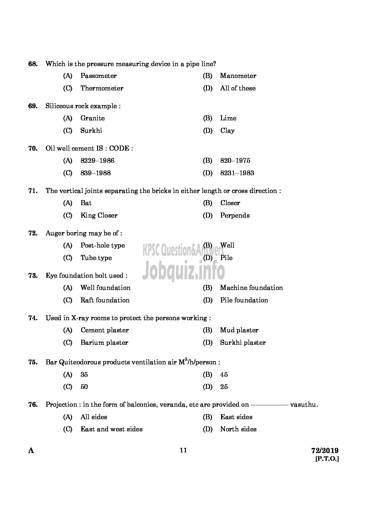 Kerala PSC Question Paper - Draughtsman Gr II Civil Harbour Engineering English-9