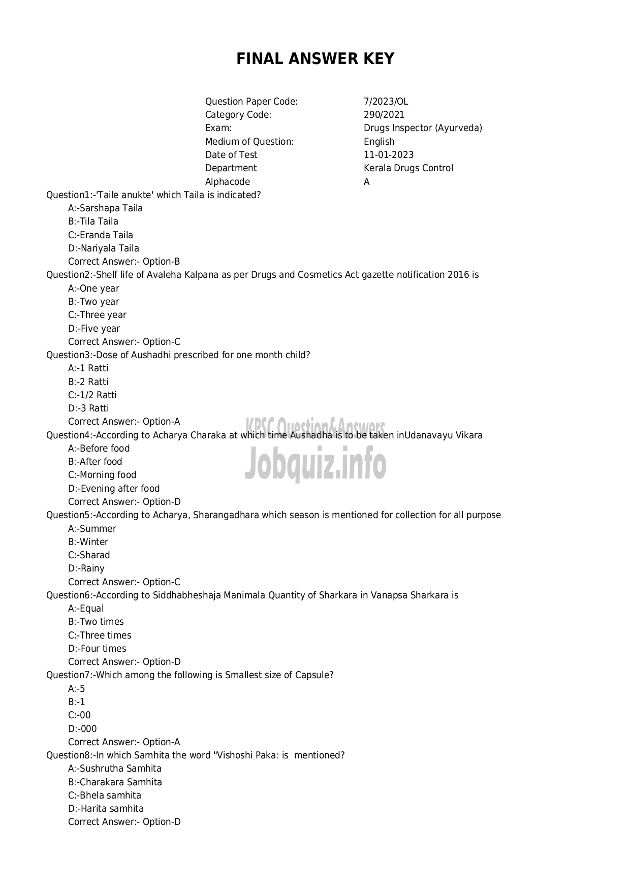 Kerala PSC Question Paper - Drugs Inspector (Ayurveda)-1