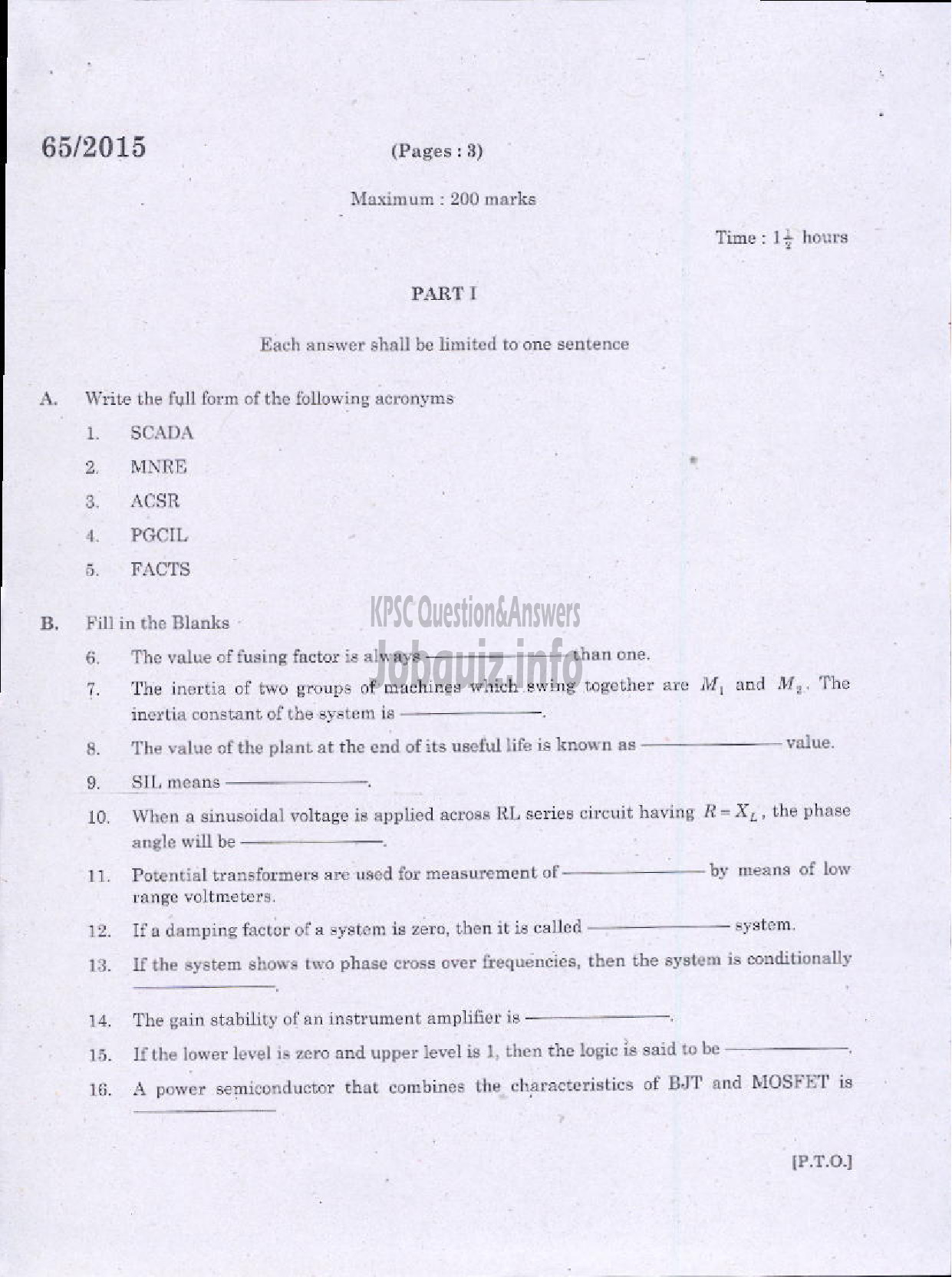 Kerala PSC Question Paper - ELECTRICAL ENGINEERING-1