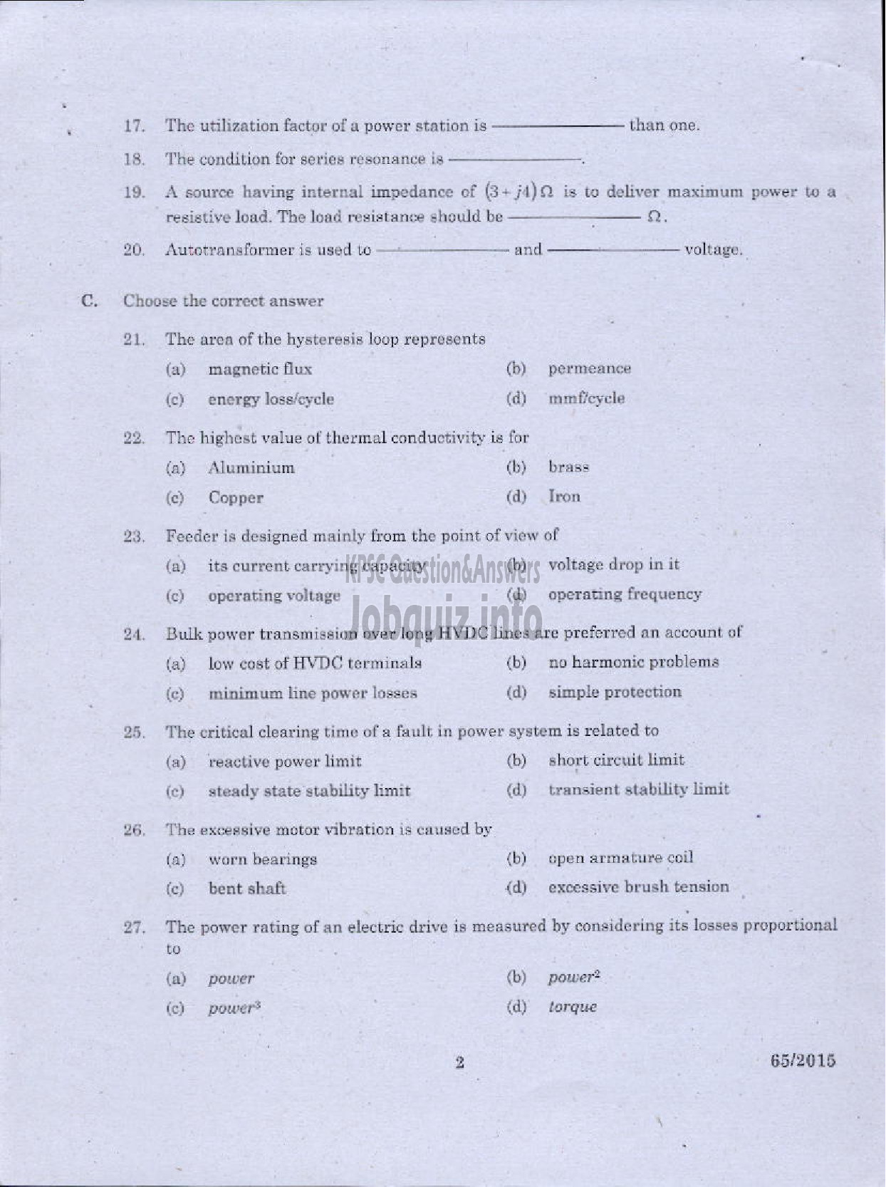 Kerala PSC Question Paper - ELECTRICAL ENGINEERING-2