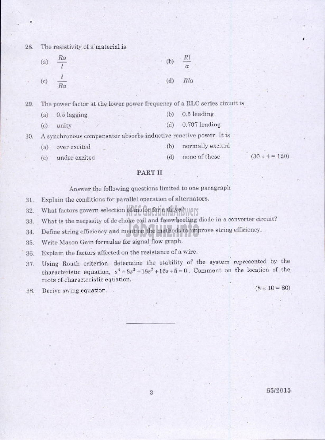 Kerala PSC Question Paper - ELECTRICAL ENGINEERING-3