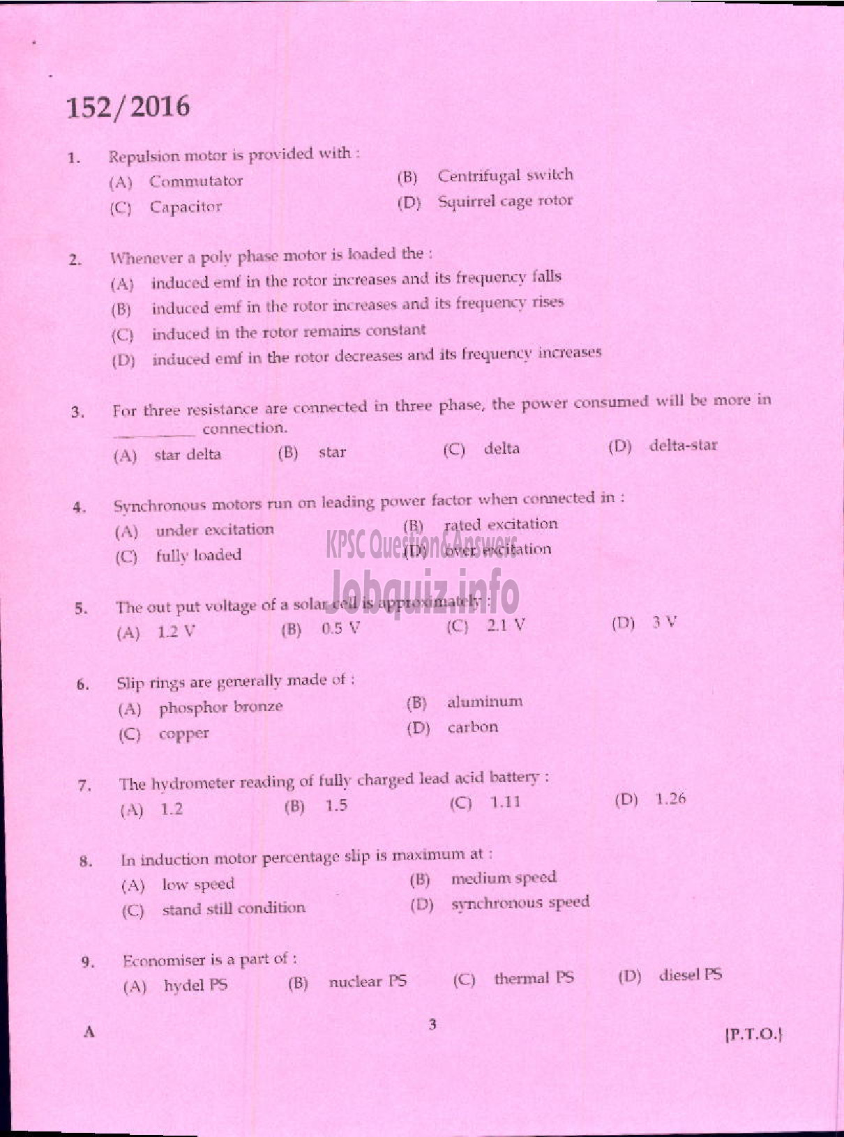 Kerala PSC Question Paper - ELECTRICIAN AGRICULTURE-1
