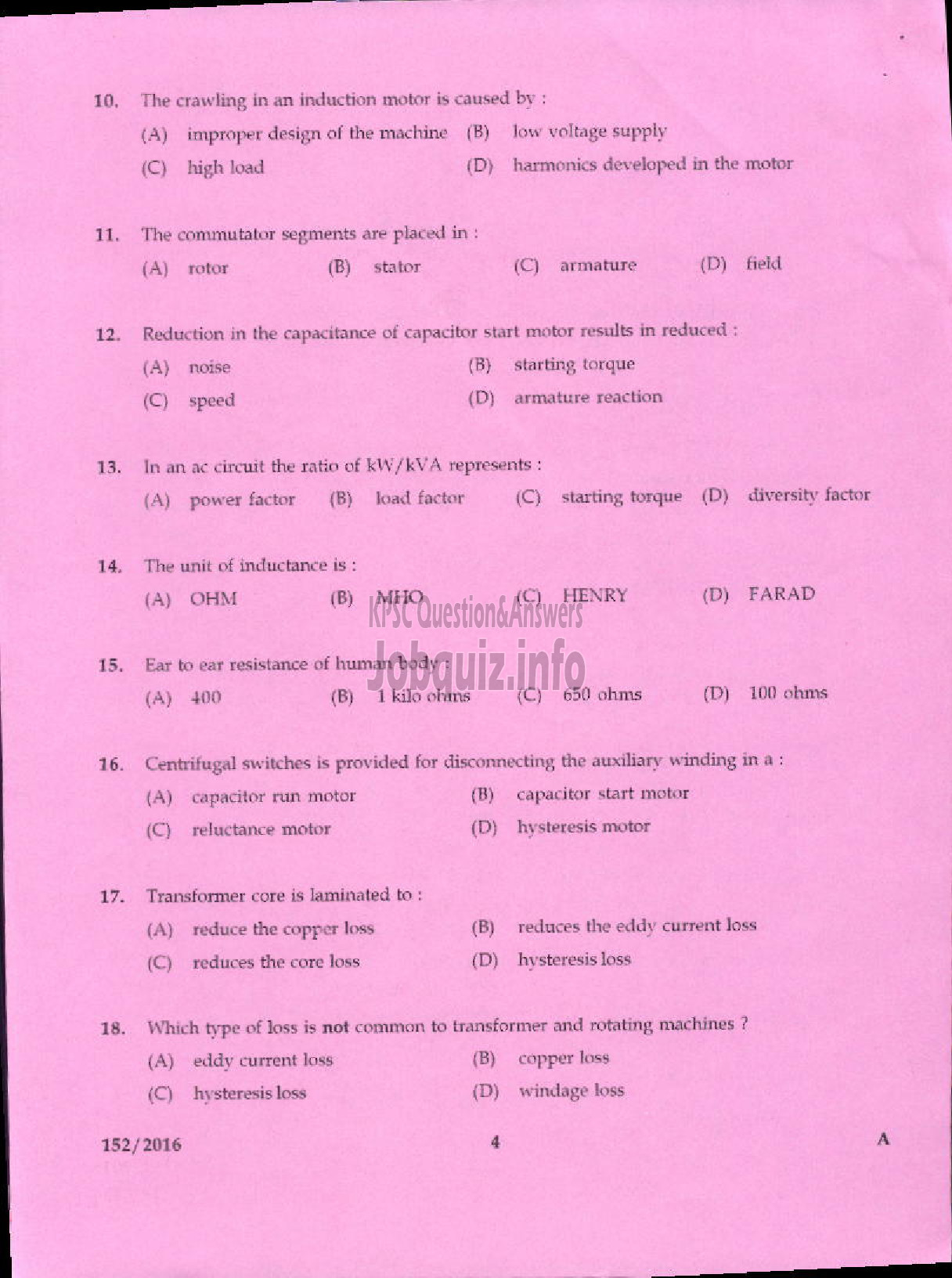 Kerala PSC Question Paper - ELECTRICIAN AGRICULTURE-2