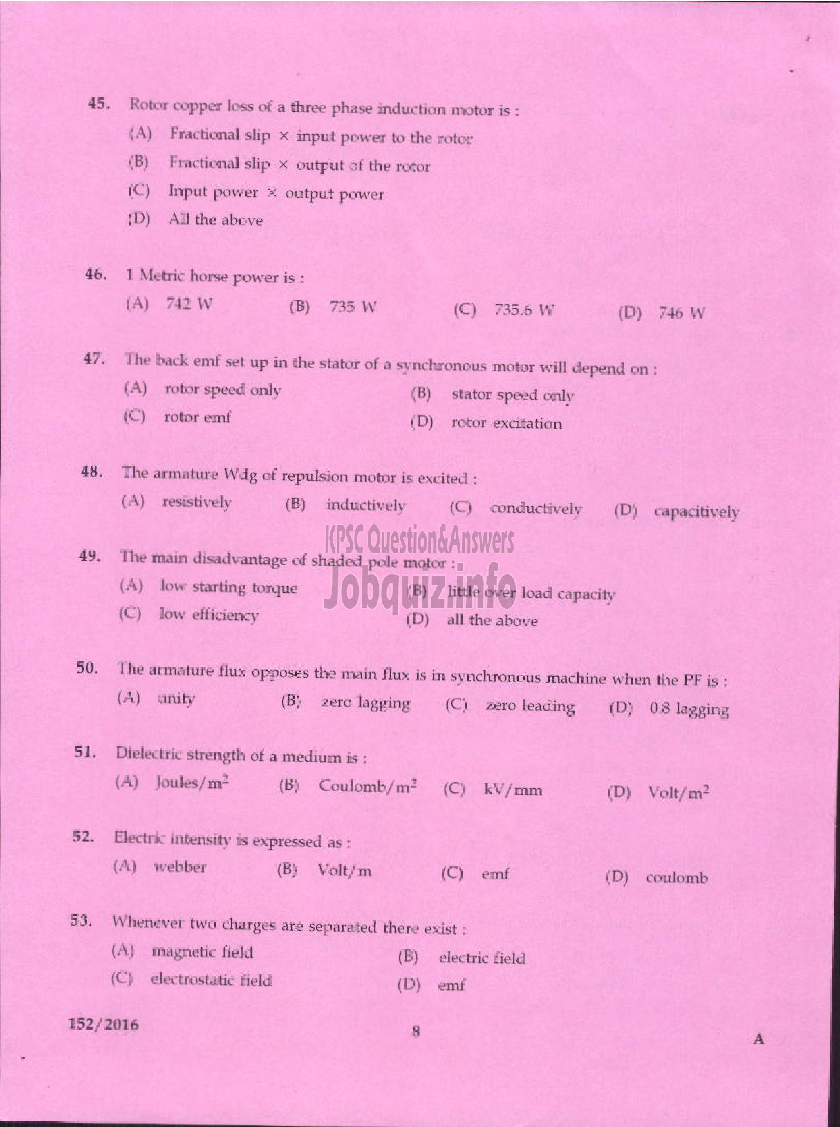 Kerala PSC Question Paper - ELECTRICIAN AGRICULTURE-6