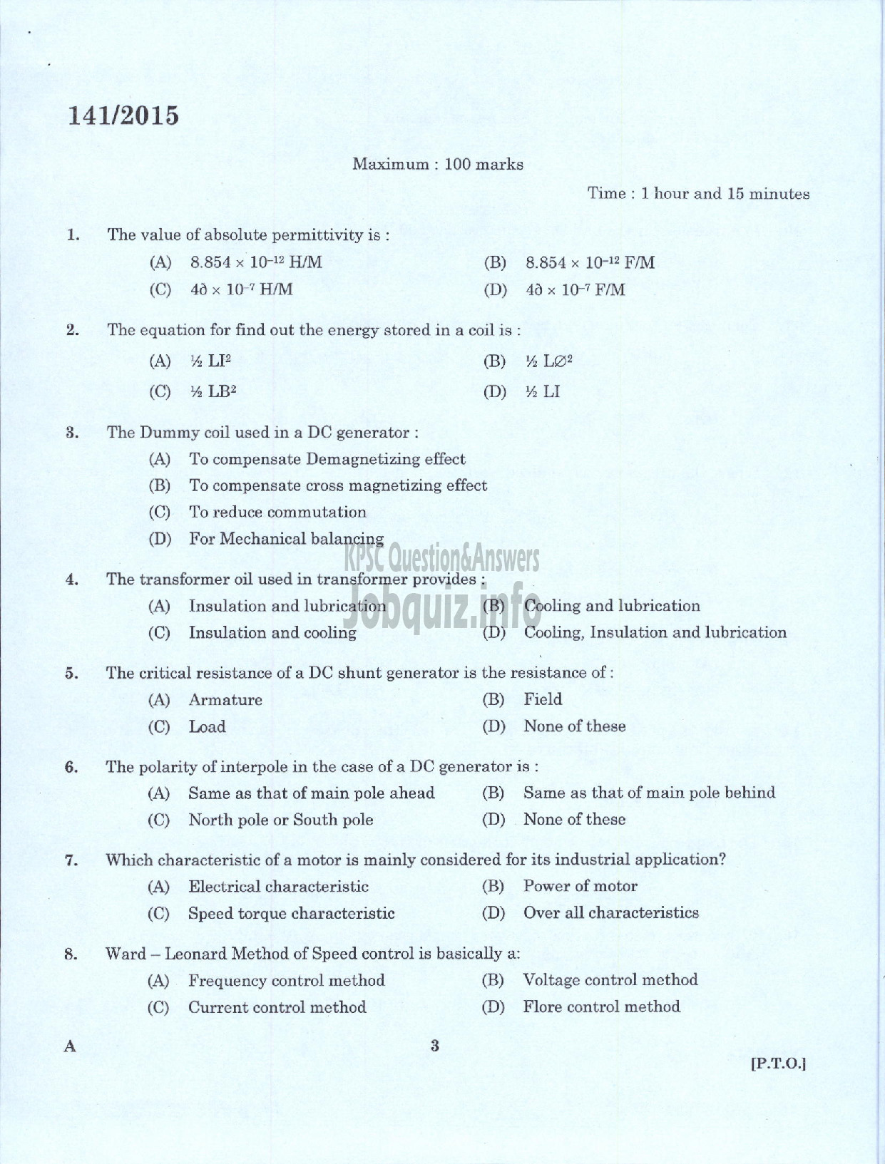 Kerala PSC Question Paper - ELECTRICIAN GR II PRINTING GOVT PRESS-1