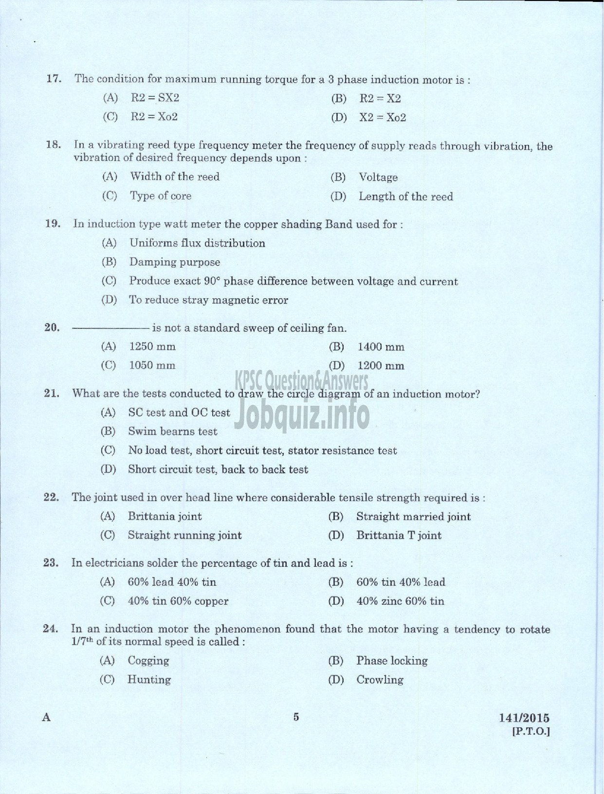 Kerala PSC Question Paper - ELECTRICIAN GR II PRINTING GOVT PRESS-3