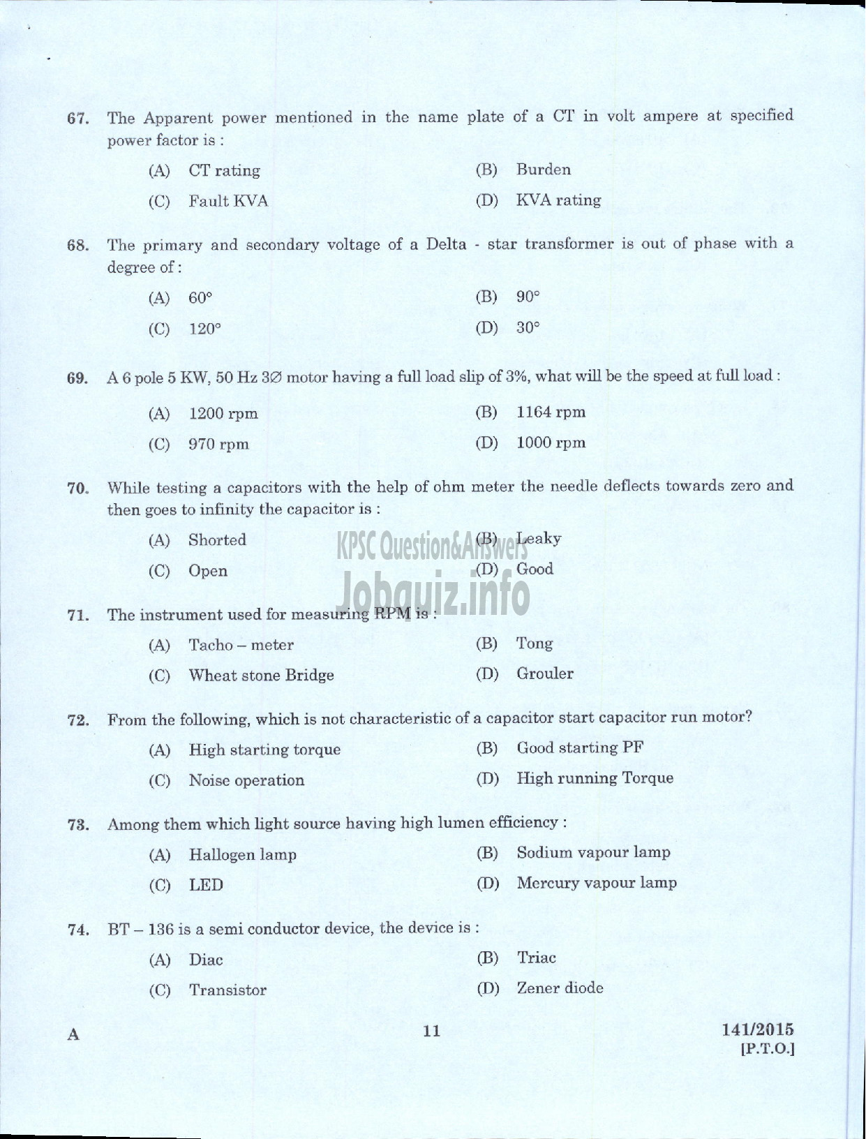 Kerala PSC Question Paper - ELECTRICIAN GR II PRINTING GOVT PRESS-9