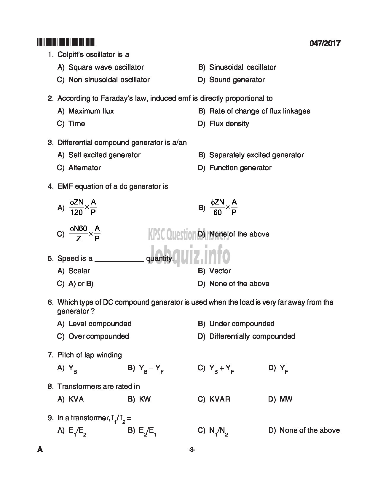 Kerala PSC Question Paper - ELECTRICIAN HEALTH SERVICES MEDICAL EDUCATION SERVICE ARCHAEOLOGY QUESTION PAPER-3