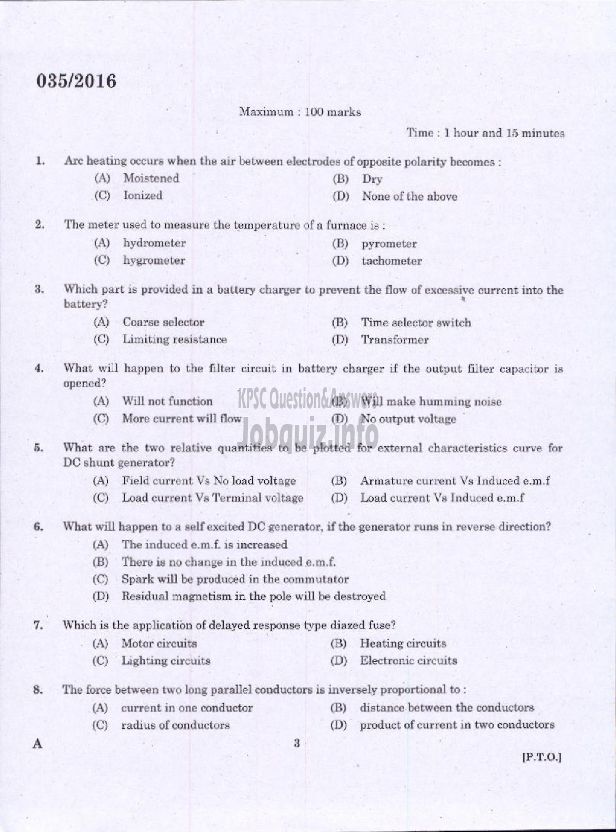 Kerala PSC Question Paper - ELECTRICIAN KERALA STATE WATER TRANSPORT-1