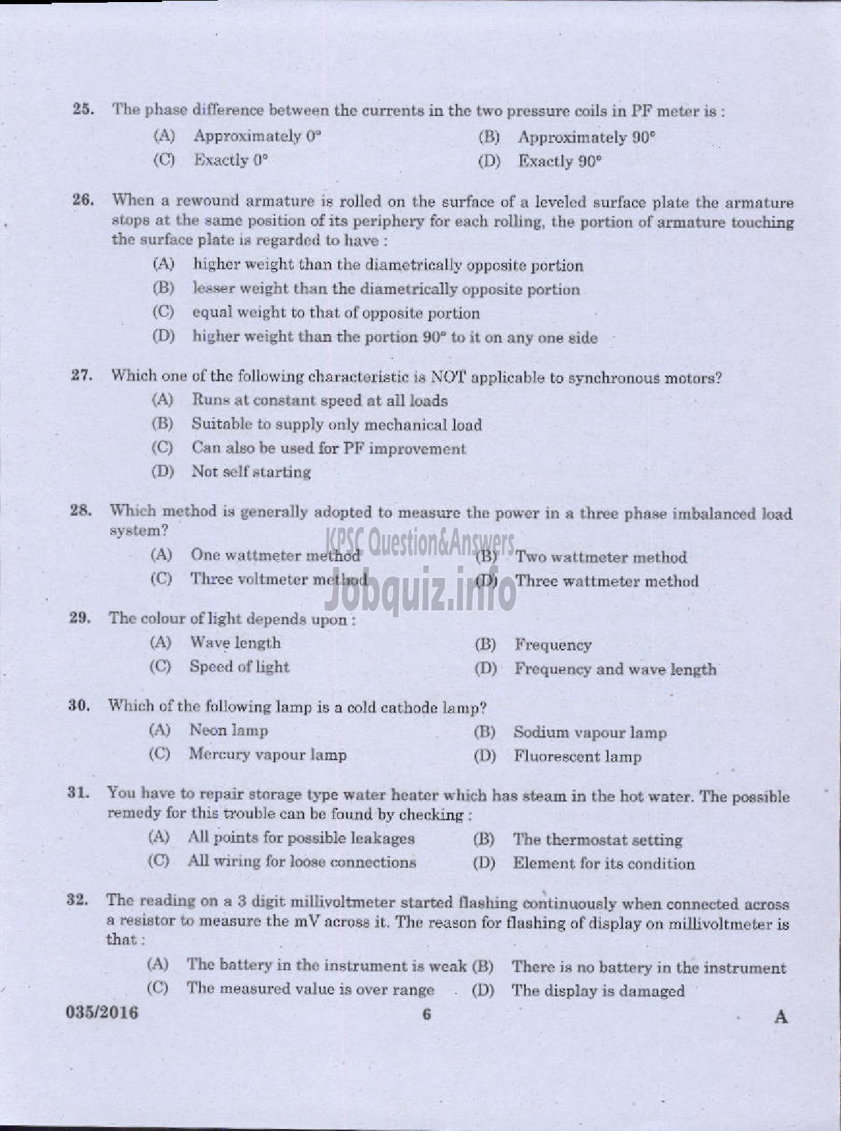 Kerala PSC Question Paper - ELECTRICIAN KERALA STATE WATER TRANSPORT-4