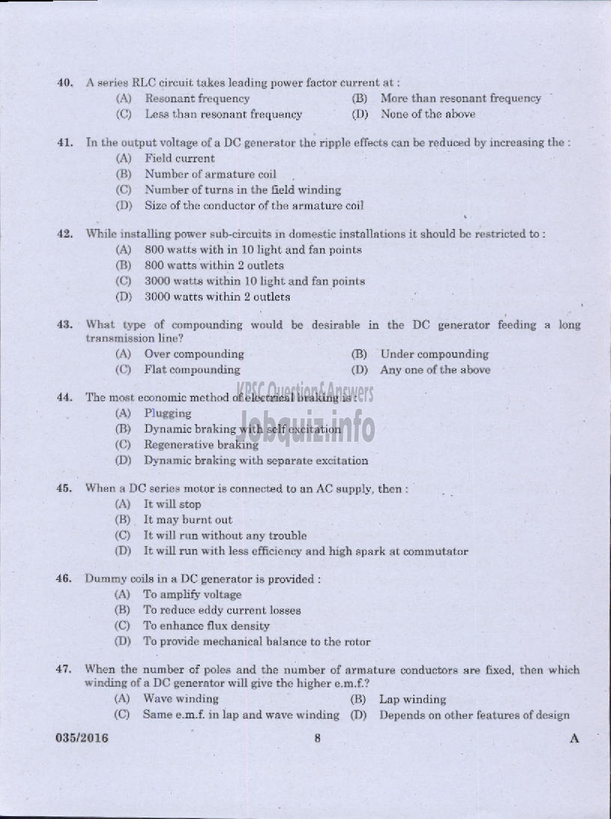 Kerala PSC Question Paper - ELECTRICIAN KERALA STATE WATER TRANSPORT-6