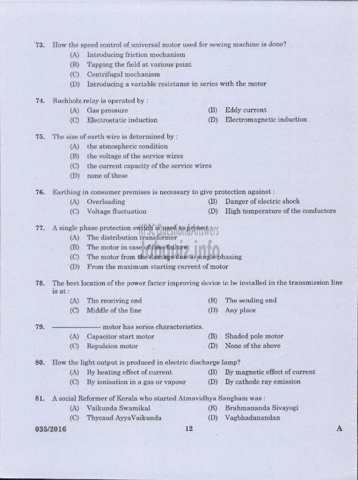 Kerala PSC Question Paper - ELECTRICIAN KERALA STATE WATER TRANSPORT-10