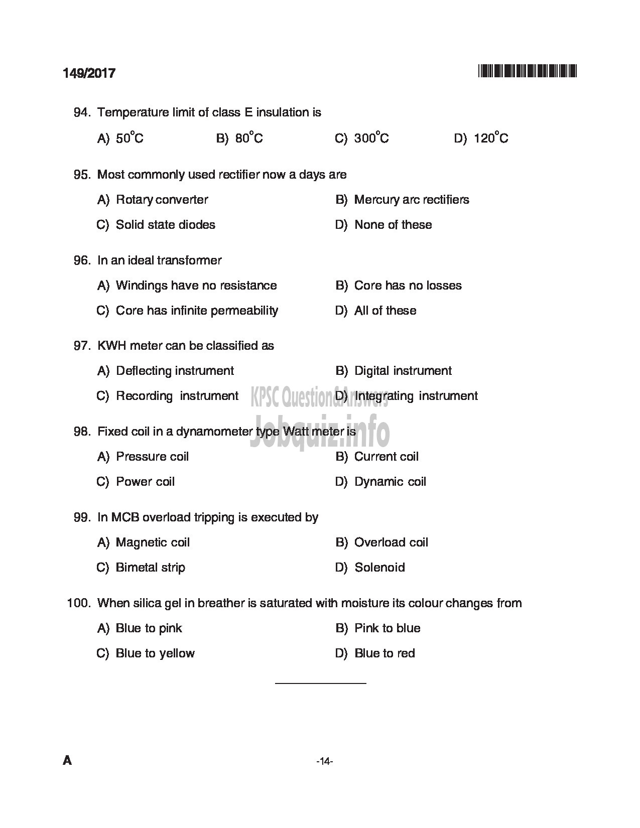 Kerala PSC Question Paper - ELECTRICIAN KERALA TOURISM DEVELOPMENT CORPORATION-14