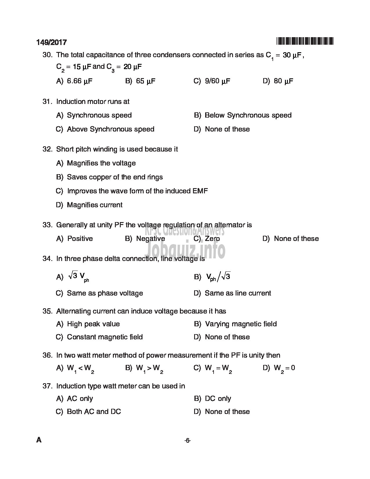 Kerala PSC Question Paper - ELECTRICIAN KERALA TOURISM DEVELOPMENT CORPORATION-6