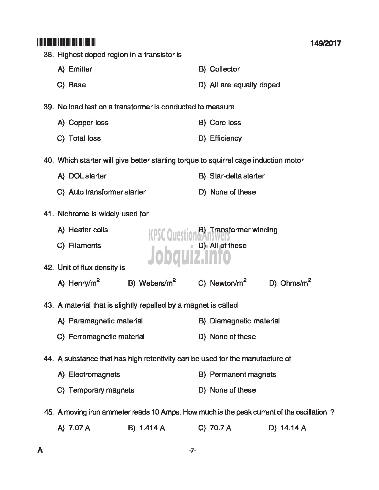 Kerala PSC Question Paper - ELECTRICIAN KERALA TOURISM DEVELOPMENT CORPORATION-7