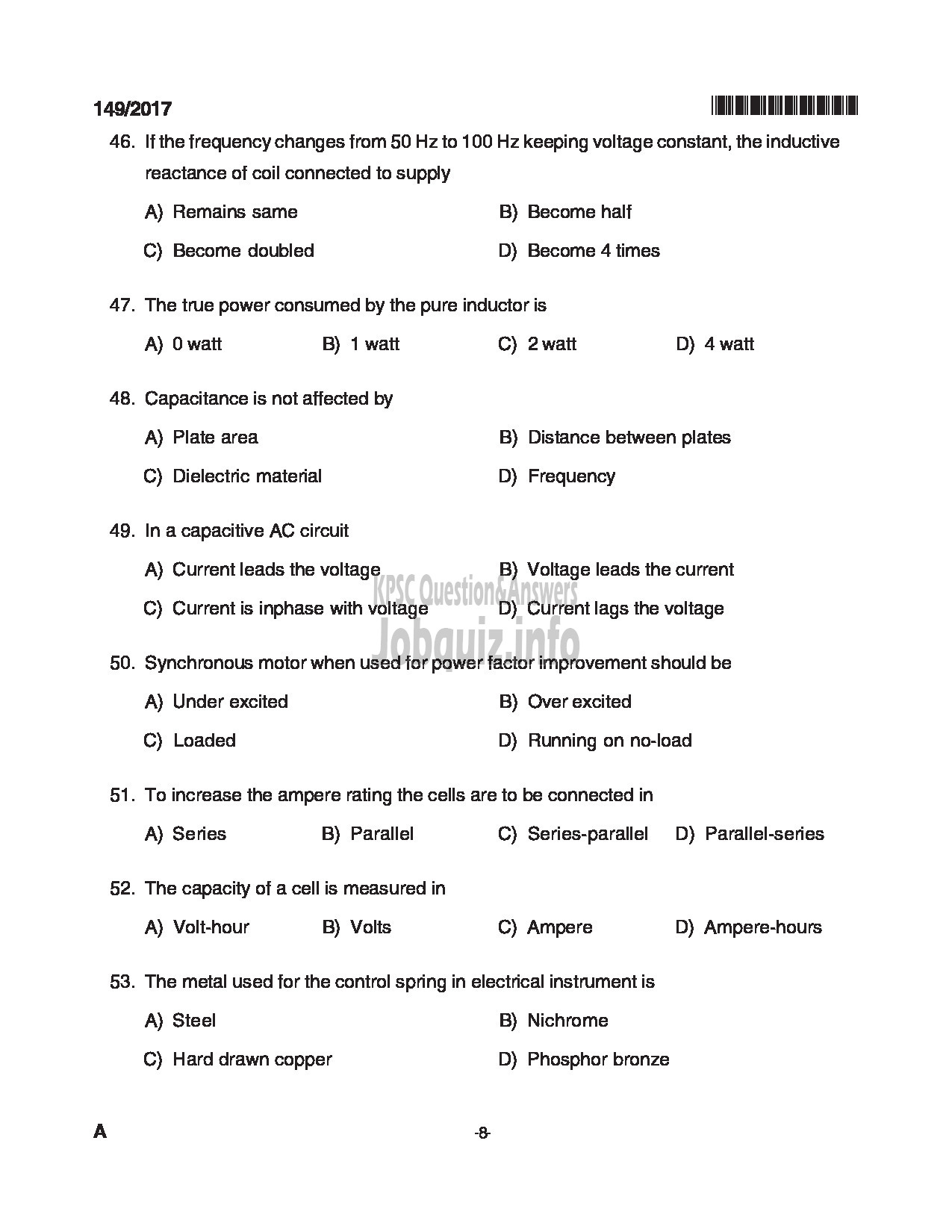 Kerala PSC Question Paper - ELECTRICIAN KERALA TOURISM DEVELOPMENT CORPORATION-8