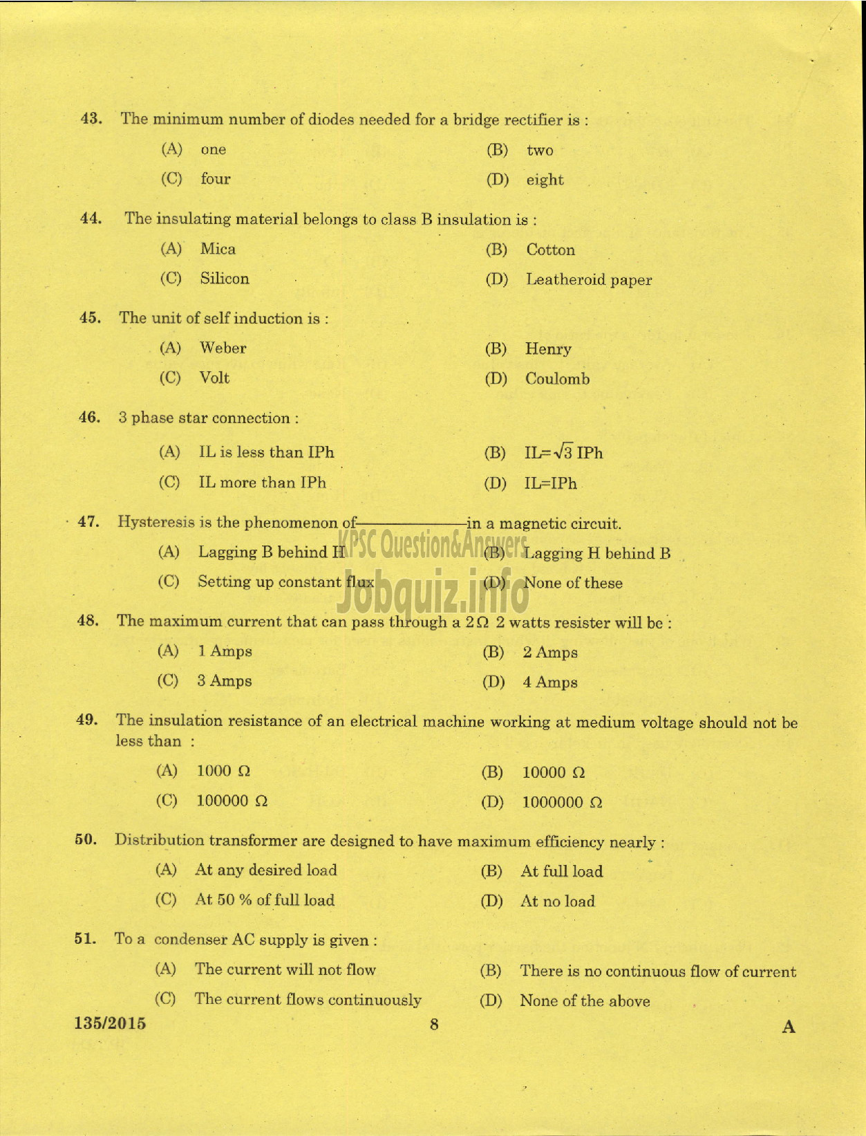 Kerala PSC Question Paper - ELECTRICIAN KSFDC LTD-6