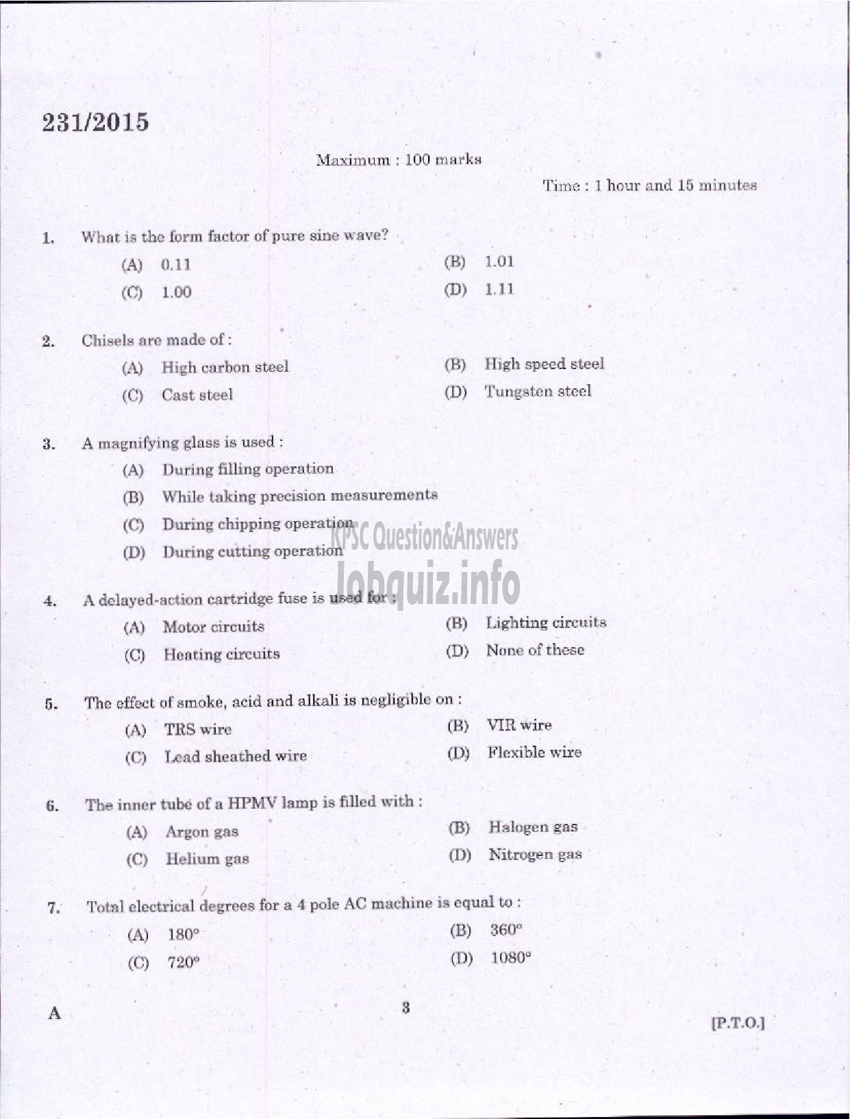 Kerala PSC Question Paper - ELECTRICIAN /PUMP OPERATOR REVENUE-1