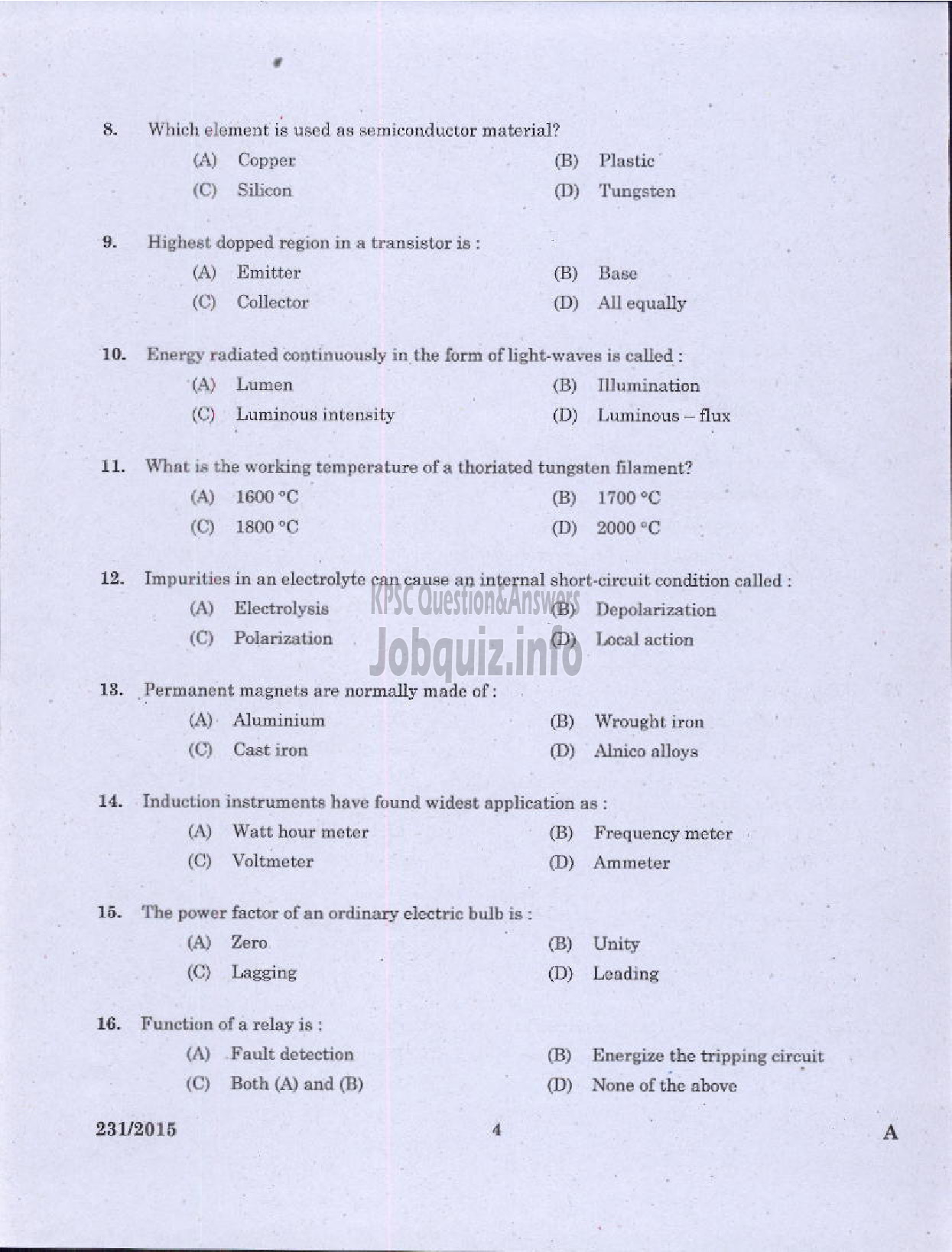 Kerala PSC Question Paper - ELECTRICIAN /PUMP OPERATOR REVENUE-2