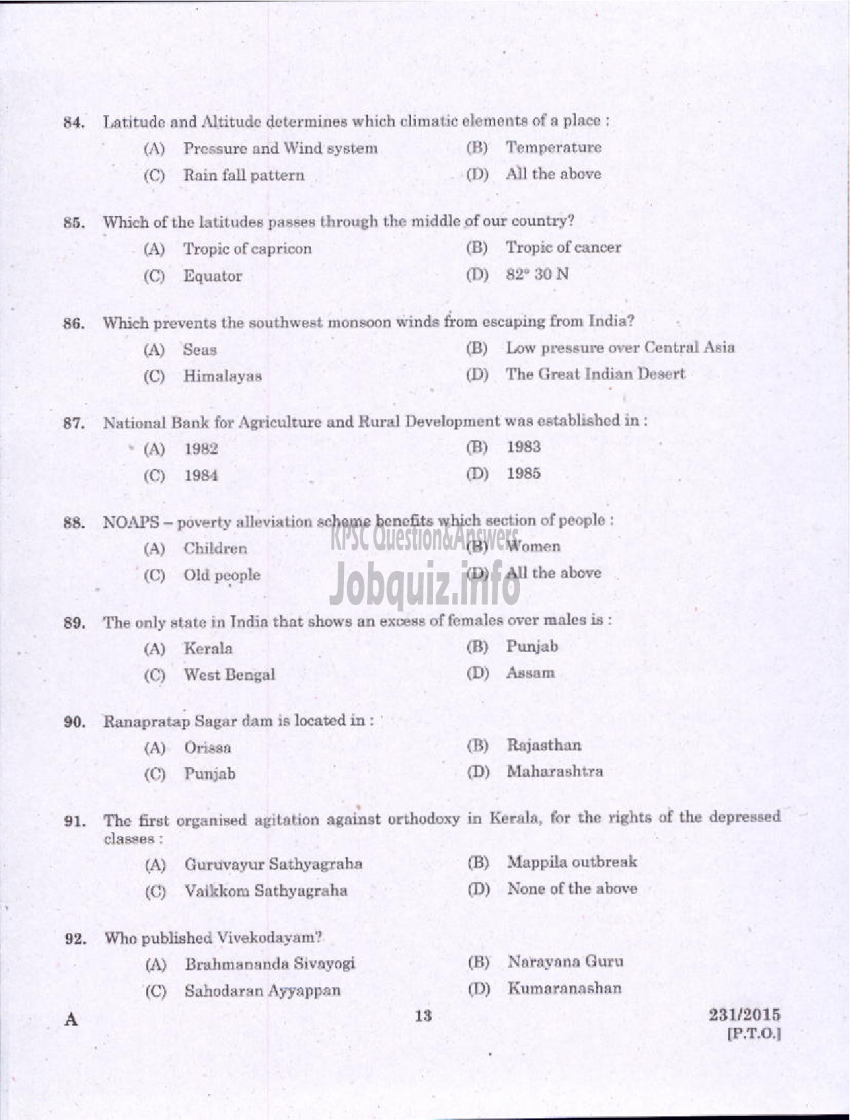 Kerala PSC Question Paper - ELECTRICIAN /PUMP OPERATOR REVENUE-11