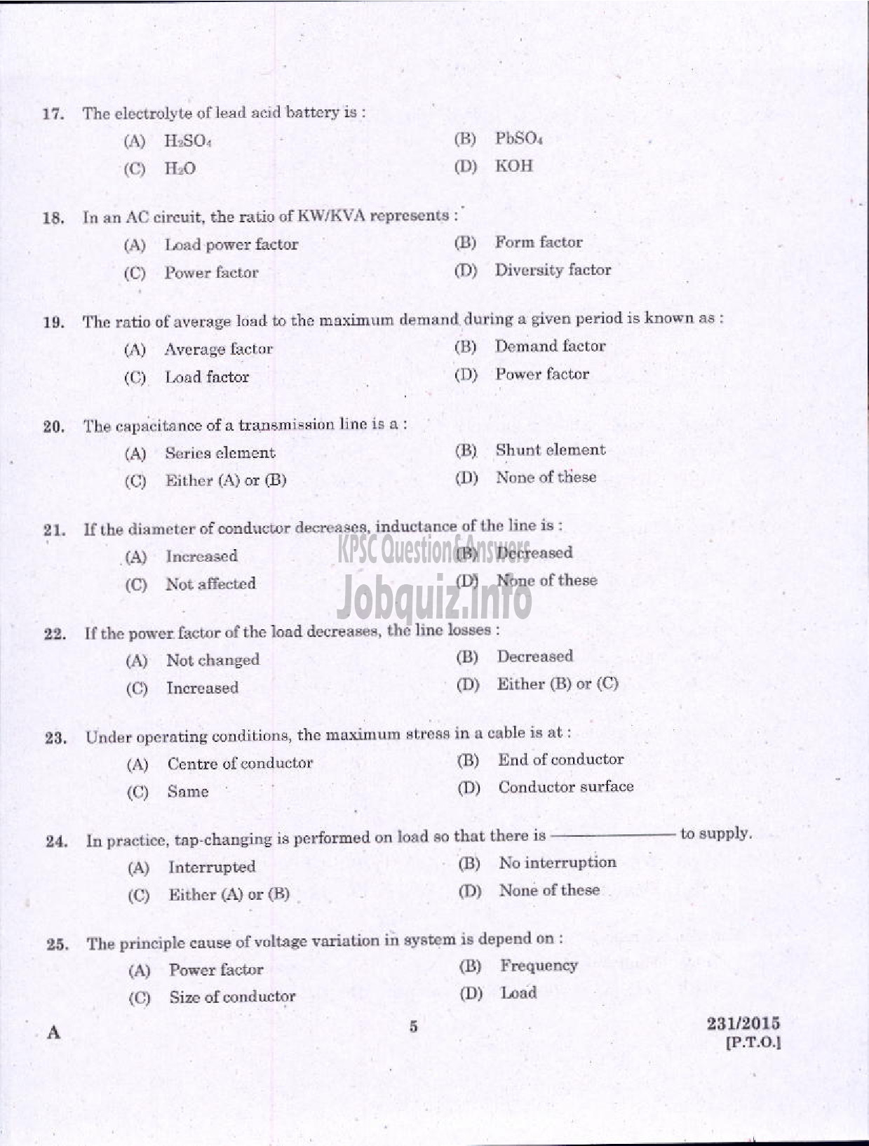 Kerala PSC Question Paper - ELECTRICIAN /PUMP OPERATOR REVENUE-3