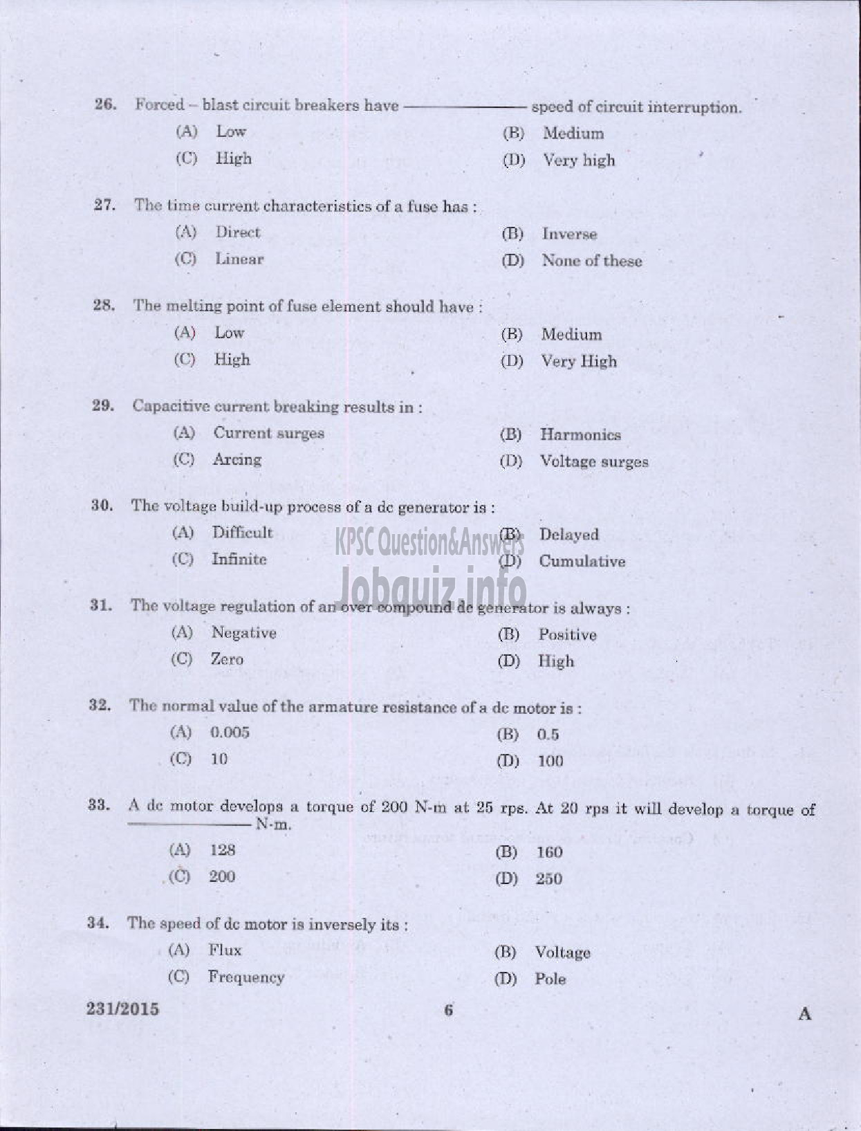 Kerala PSC Question Paper - ELECTRICIAN /PUMP OPERATOR REVENUE-4