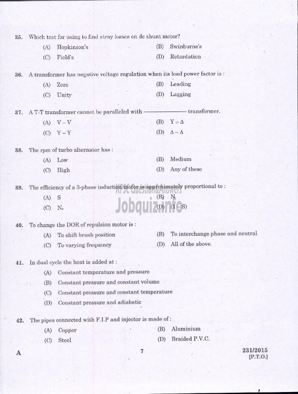 Kerala PSC Question Paper - ELECTRICIAN /PUMP OPERATOR REVENUE-5