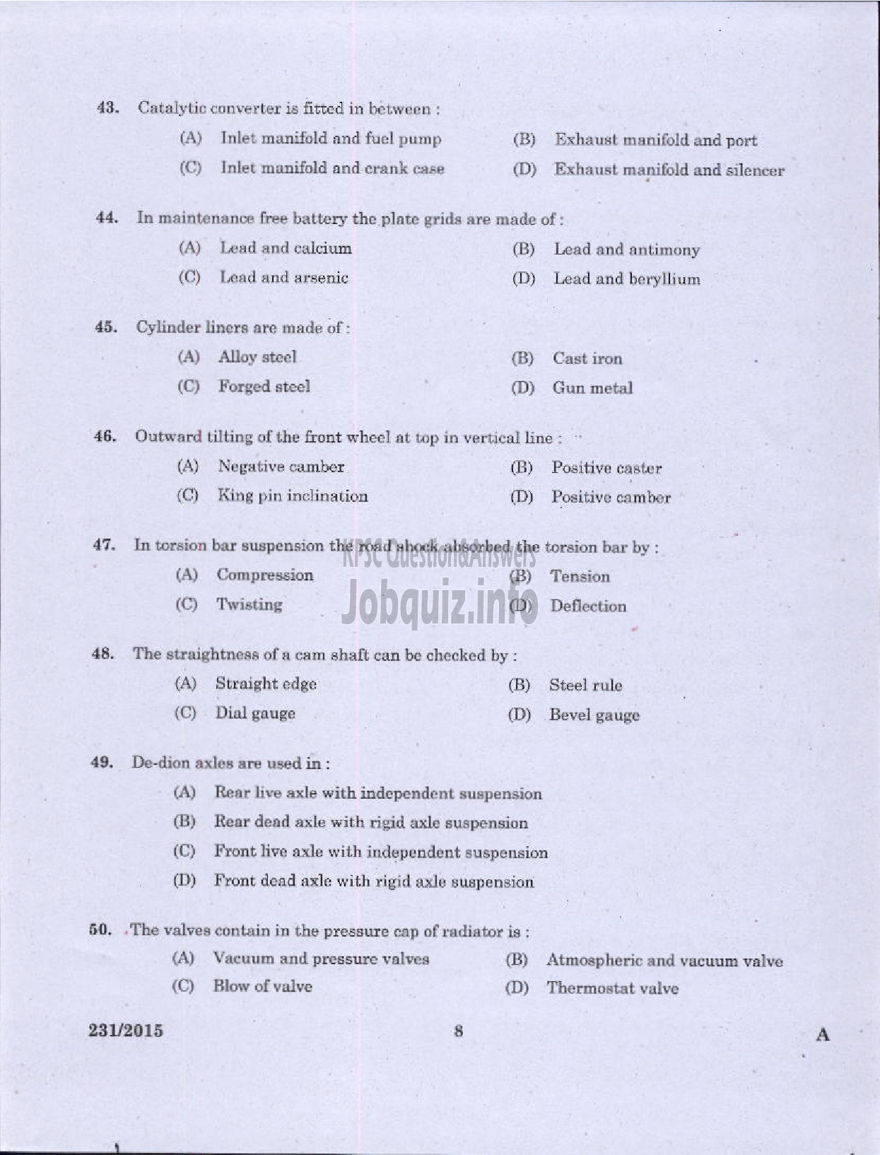 Kerala PSC Question Paper - ELECTRICIAN /PUMP OPERATOR REVENUE-6