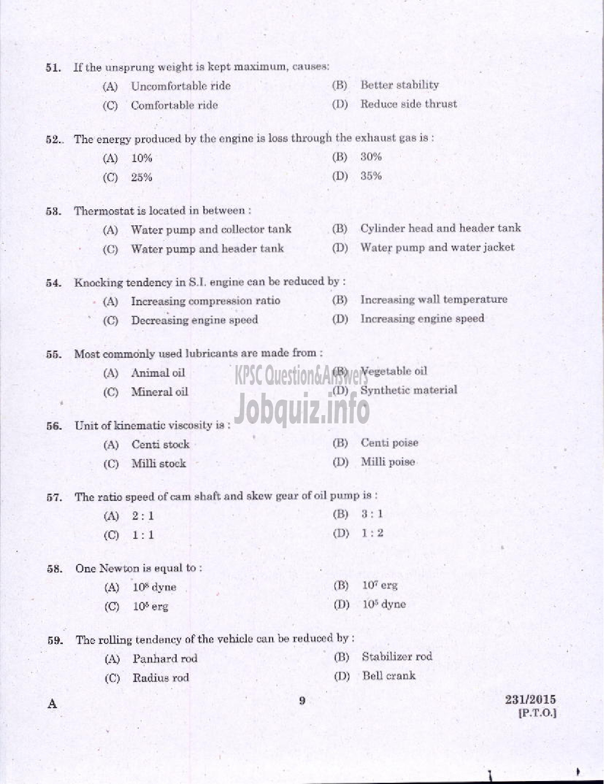 Kerala PSC Question Paper - ELECTRICIAN /PUMP OPERATOR REVENUE-7