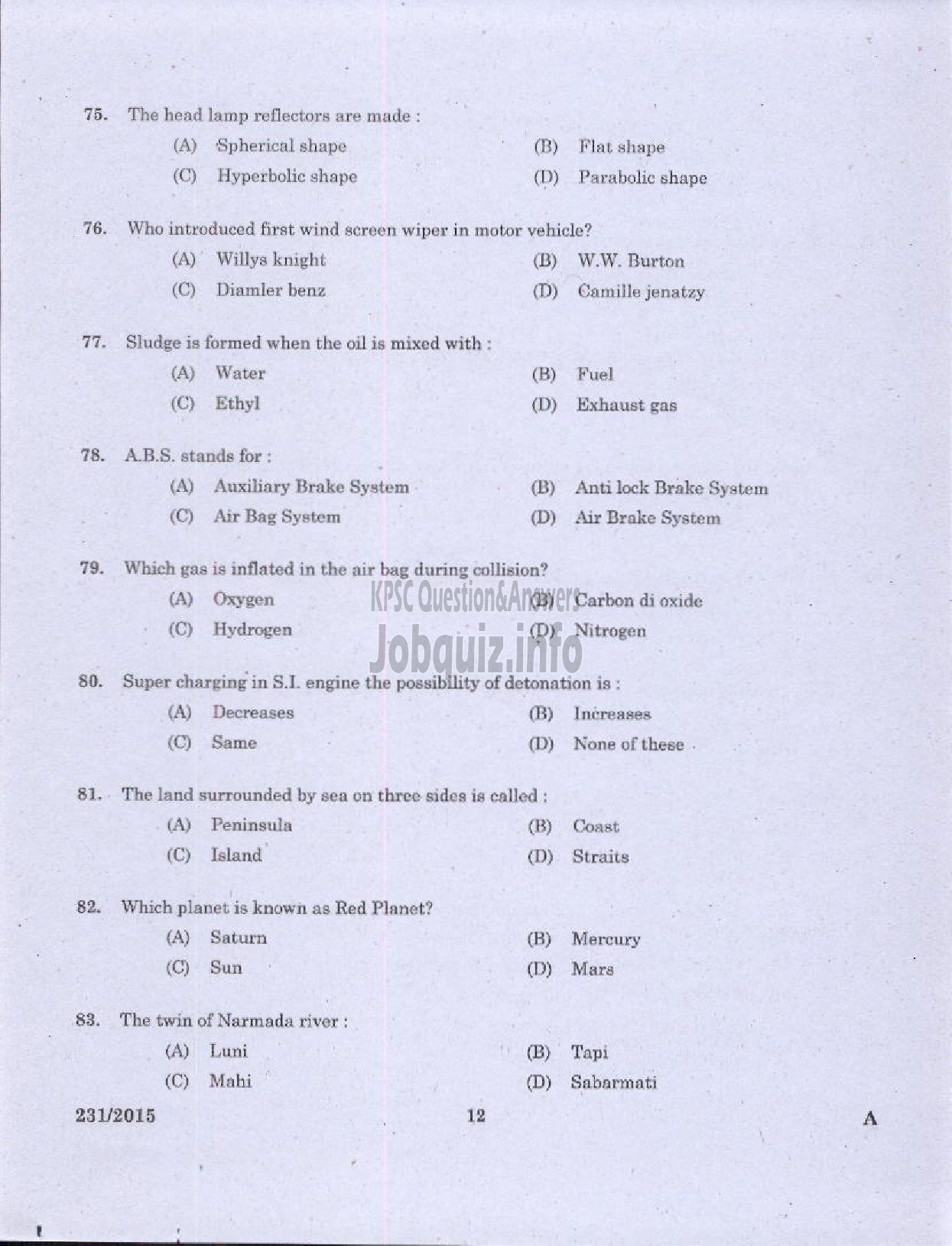 Kerala PSC Question Paper - ELECTRICIAN /PUMP OPERATOR REVENUE-10