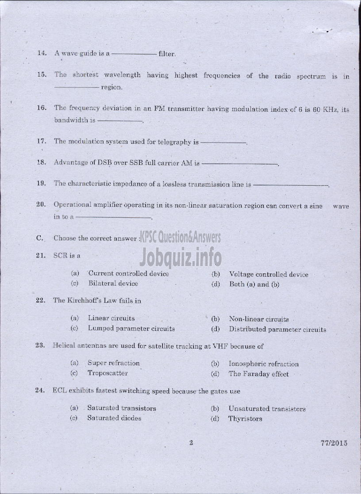 Kerala PSC Question Paper - ELECTRONICS-2