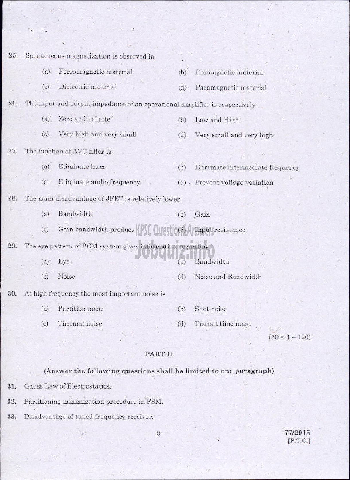 Kerala PSC Question Paper - ELECTRONICS-3