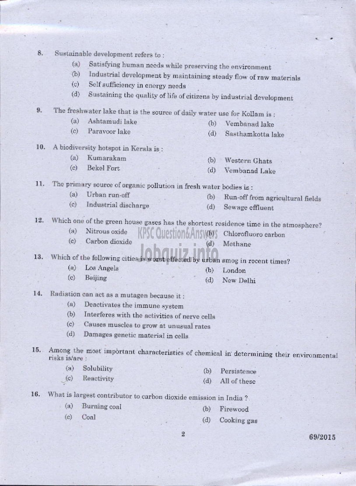 Kerala PSC Question Paper - ENVIRONMENTAL SCIENCE-2