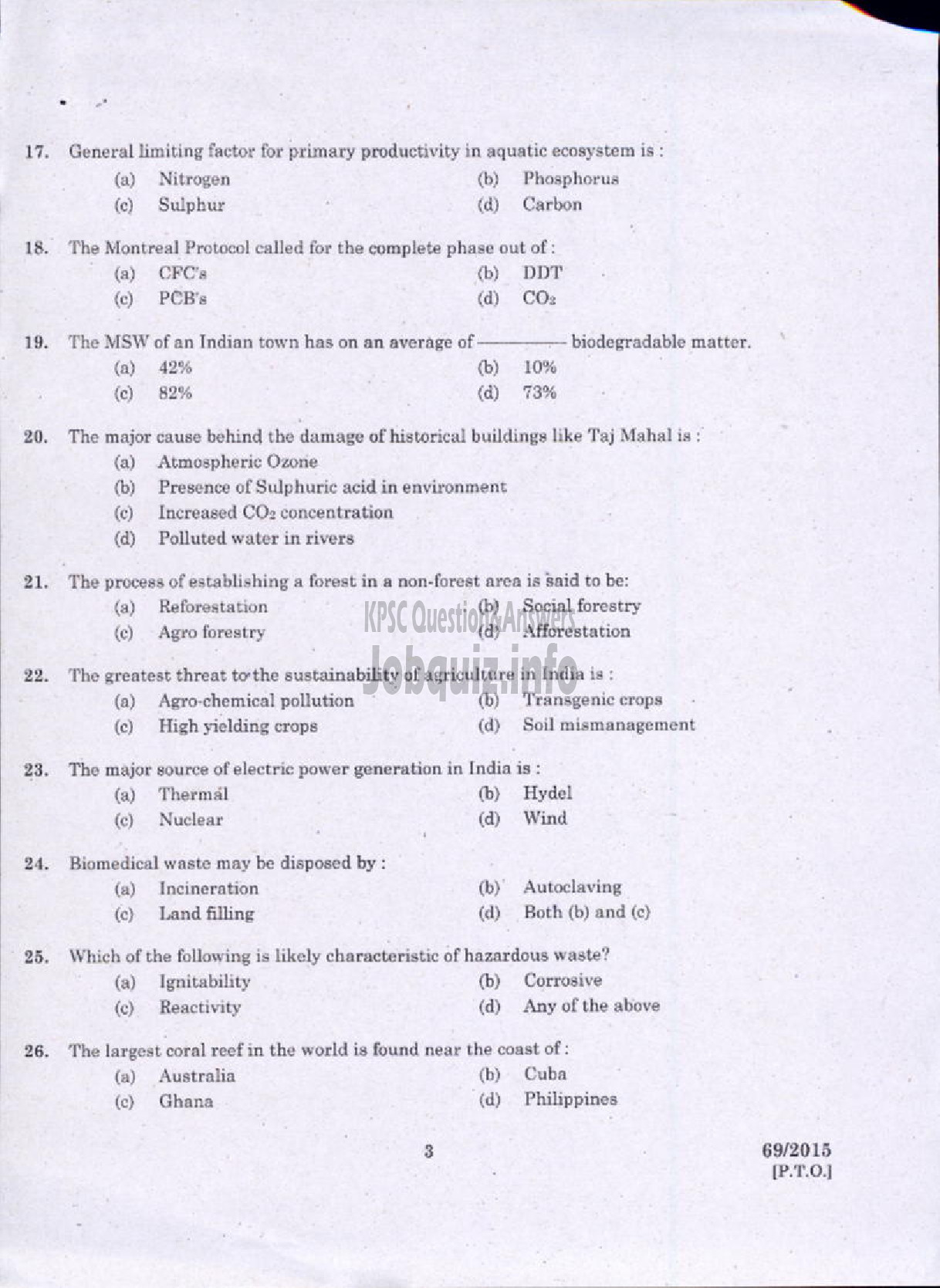 Kerala PSC Question Paper - ENVIRONMENTAL SCIENCE-3