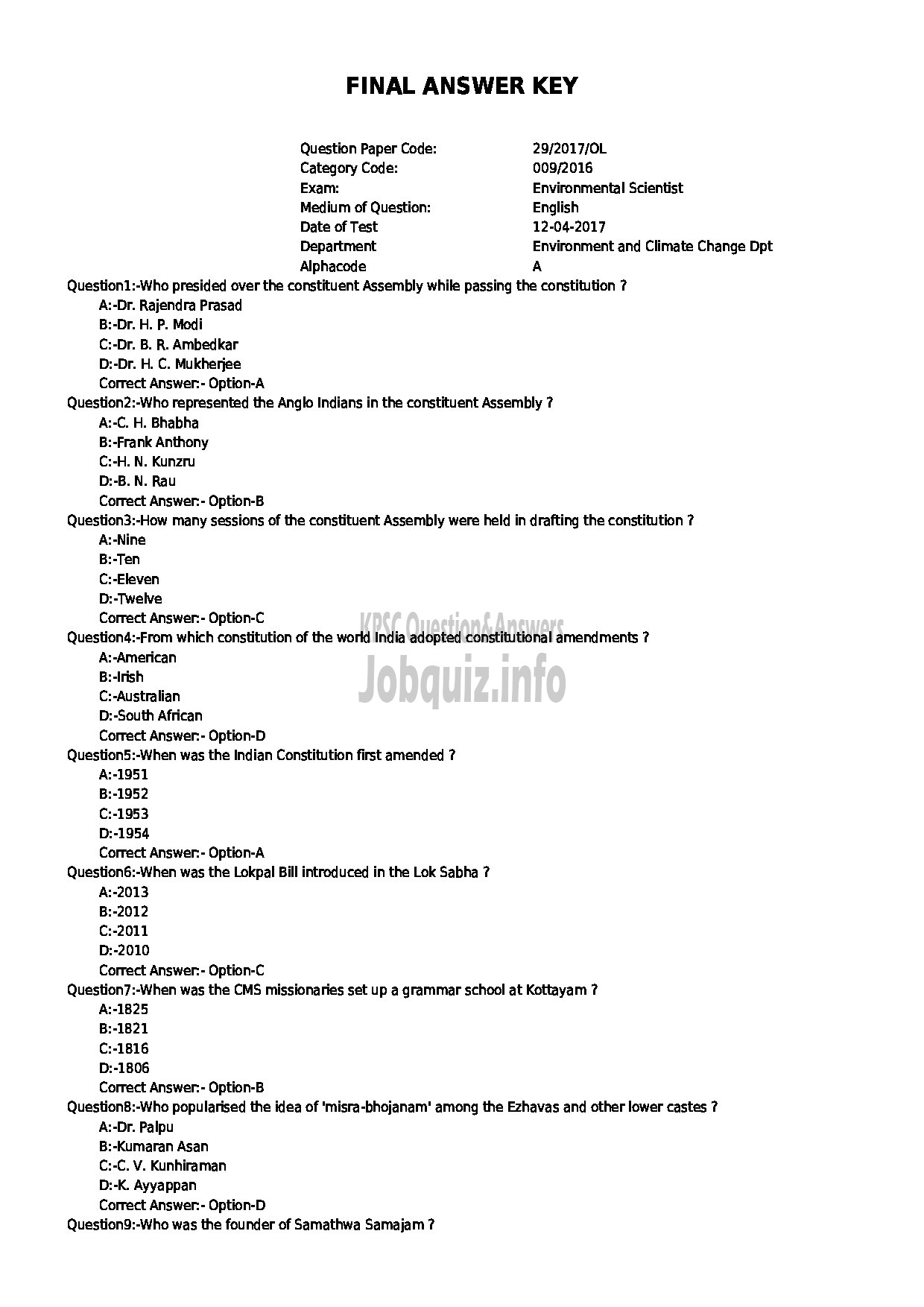 Kerala PSC Question Paper - ENVIRONMENTAL SCIENTIST ENVIRONMENT AND CLIMATE CHNAGE DEPARTMENT-1