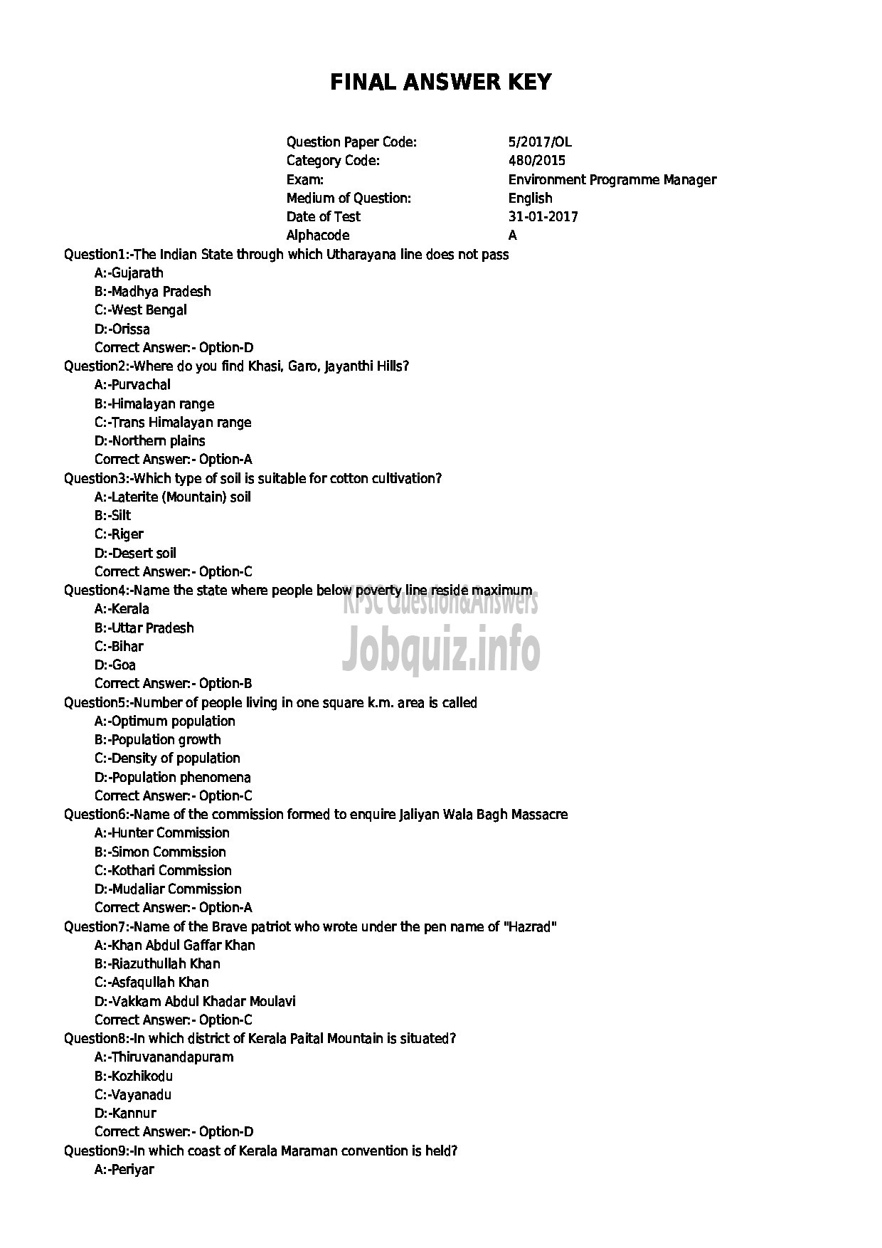 Kerala PSC Question Paper - ENVIRONMENT PROGRAMME MANAGER ENVIRONMENT AND CLIMATE CHANGE-1