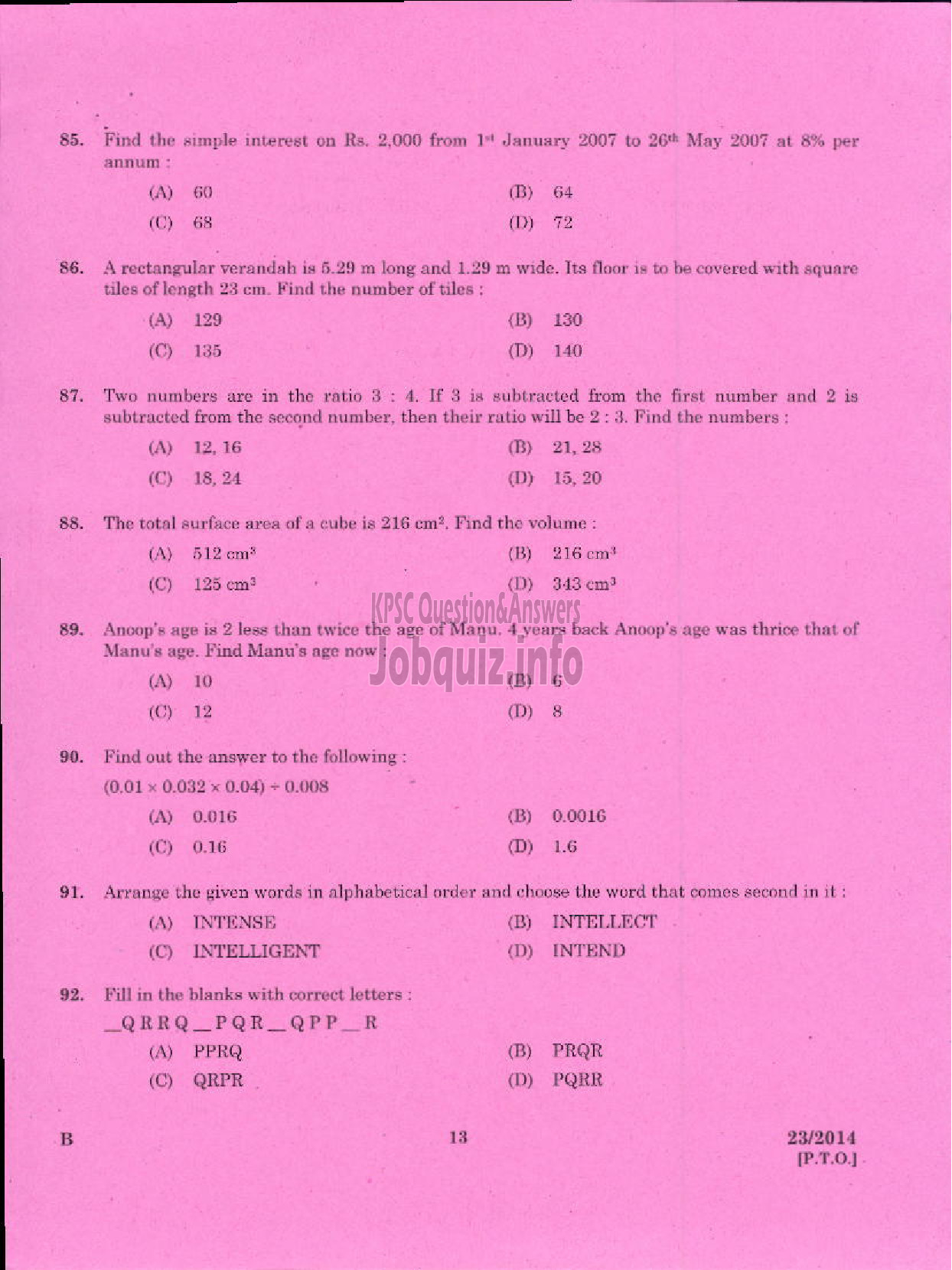 Kerala PSC Question Paper - EXCISE GUARD/WOMAN GUARD SR FOR SC/ST ONLY EXCISE PLKD TSR-11