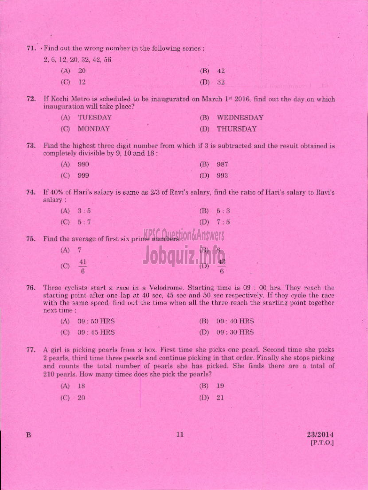 Kerala PSC Question Paper - EXCISE GUARD/WOMAN GUARD SR FOR SC/ST ONLY EXCISE PLKD TSR-9