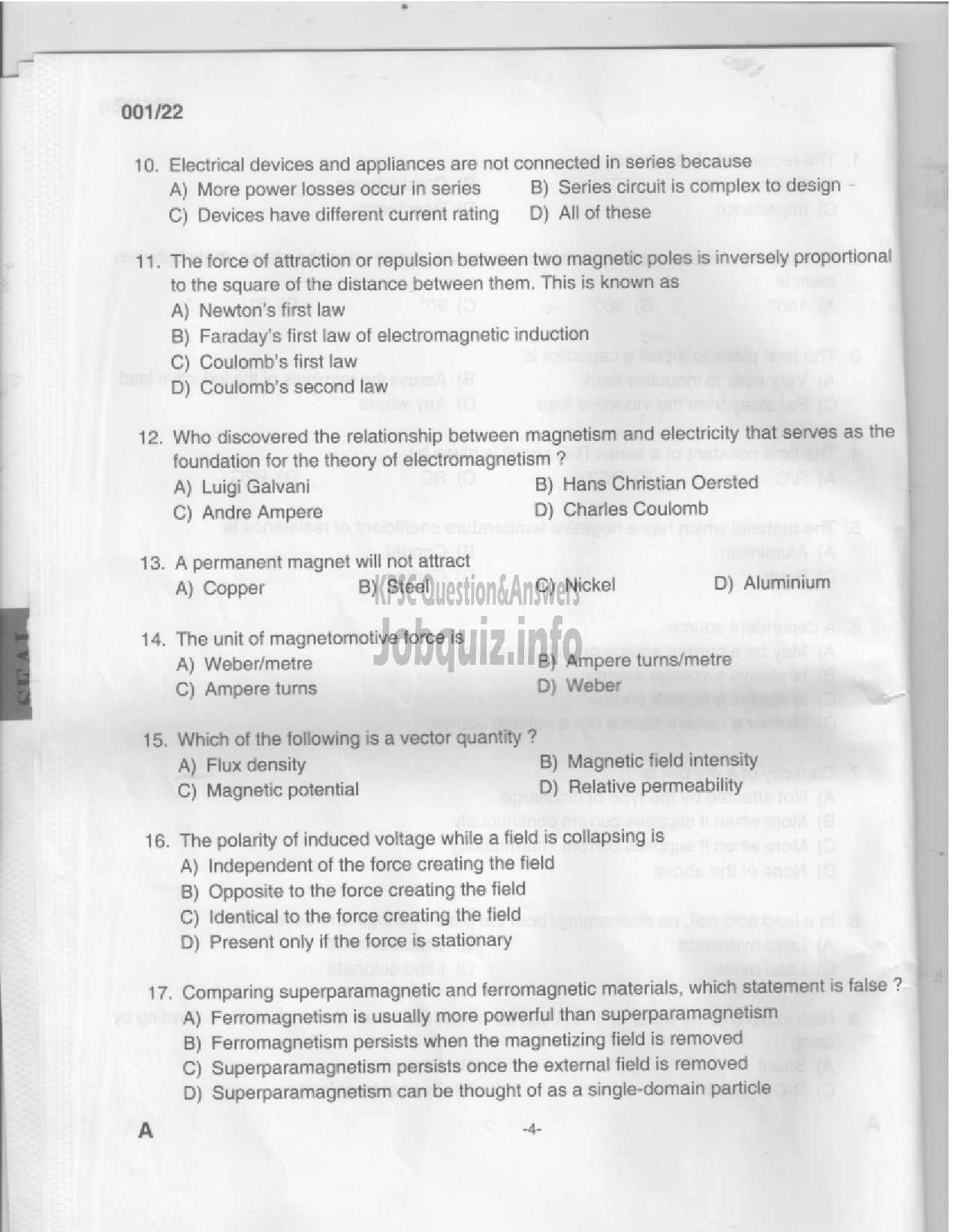 Kerala PSC Question Paper - Electrical Supervisor - Apex Societies & MATSYAFED-2