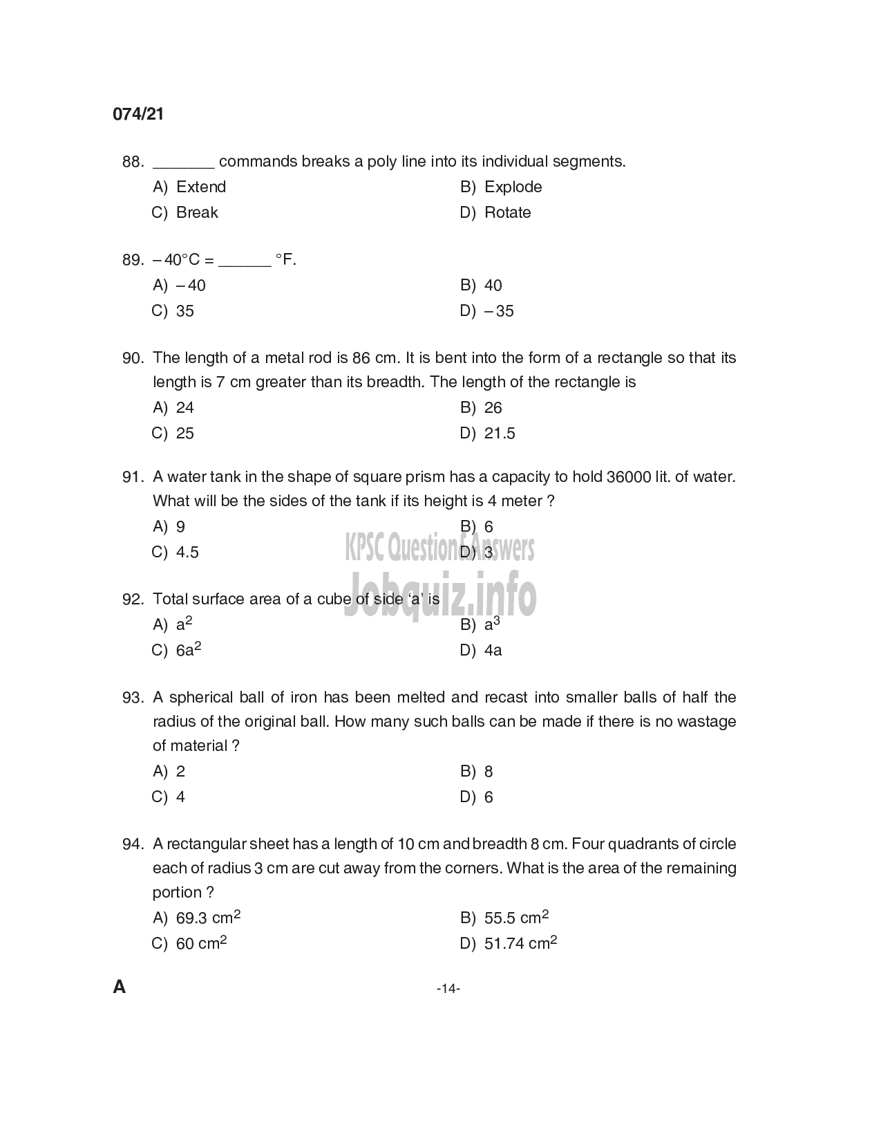 Kerala PSC Question Paper - Engineering Assistant Gr III Department: Kerala State Construction Corporation Ltd  -14